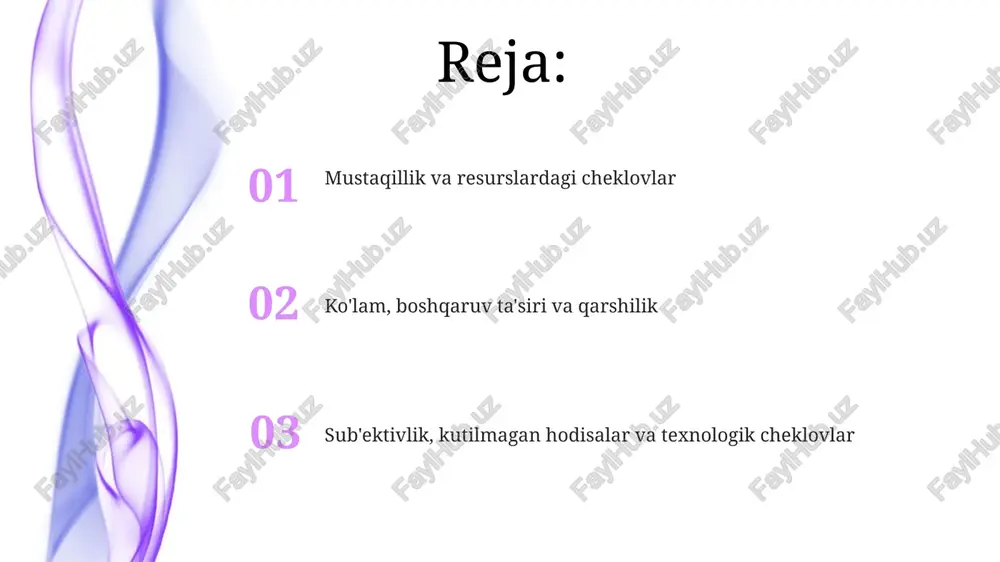 lik tajribaga ega bo'lganlar, audit jarayonlariga qarshilik ko'rsatishi mumkin, chunki bu ularning ishlash usullarini 20-30% o'zgartirishni talab qilishi mumkin. xodimlar ichki audit natijalaridan qo'rqishlari mumkin, chunki ular ish faoliyatini baholashning bir qismi sifatida ko'rilishi va 10-15% salbiy oqibatlarga olib kelishi mumkin. firibgarlikni yashirish xavfi ichki auditorlar professional firibgarlikni yashirish usullarini aniqlashda qiyinchiliklarga duch kelishi mumkin, chunki firibgarlar murakkab sxemalar tuzishi va dalillarni yo'q qilish bo'yicha tajribaga ega. firibgarlikni yashirish xavfi kuchayadi, agar 100% aniqlikni ta'minlash uchun zarur bo'lgan resurslar va vaqt cheklangan bo'lsa, bu esa ichki auditning samaradorligini pasaytiradi. sub'ektiv samaradorlik bahosi ichki audit samaradorligini sub'ektiv baholash 1 dan 10 gacha bo'lgan shkala bo'yicha baholanishi mumkin, bu esa aniq mezonlar yo'qligi sababli noaniqliklarni keltirib chiqaradi. auditorlarning tajribasi va bilimlariga tayanib, samaradorlikni baholash xolislikdan chetga chiqishi mumkin, bunda 80% holatlarda xato ehtimoli mavjud bo'ladi. e'tiboringiz uchun rahmat image4.jpg image5.jpg image6.jpg image7.jpg image8.jpg image9.jpg image10.jpg image1.jpeg image2.jpeg image3.jpeg