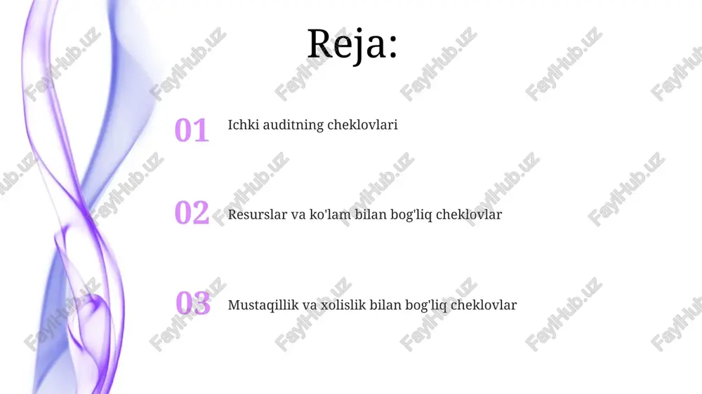qlashga xalaqit beradi. auditorning malakasi va tajribasi, masalan, moliyaviy hisobotning murakkab standartlari bo'yicha yetarli bilimga ega bo'lmasligi xatolarga olib kelishi mumkin. boshqaruvning aralashuvi boshqaruv aralashuvi, masalan, audit yo'nalishini o'zgartirish, 30% kamroq samara berishi, qat'iy baholashni oldini olish va 5000 aqsh dollarigacha bo'lgan noqonuniy xatti-harakatlarni yashirishi mumkin. ichki auditning samaradorligi boshqaruvning 25% gacha aralashuvi tufayli kamayishi mumkin, bu esa jiddiy xavflarni 10-15% ga e'tiborsiz qoldirishi yoki yashirishi mumkin. soxtalashtirish va yashirish xavfi soxtalashtirish xavfi moliyaviy hisobotlarda 1000 aqsh dollaridan ortiq bo'lgan moddalarni ataylab noto'g'ri ko'rsatishni o'z ichiga oladi, bu esa audit xulosasiga ta'sir qilishi mumkin. yashirish xavfi, buxgalteriya hisobidagi faktlarni yashirishni anglatadi, masalan, aktivlarni 500000 so'mga baholamaslik yoki muhim shartnomalarni oshkor qilmaslik. namuna olish xavfi agar tanlangan namuna tasodifiy bo'lmasa, ichki auditda namuna olish xavfi yuqori bo'ladi, bu esa tekshirilayotgan populyatsiyani noto'g'ri ifodalaydi va xulosa noto'g'ri bo'lishi mumkin. namuna olish xavfi, ichki auditorlar umumiy ma'lumotlarning kichik bir qismini tekshiradilar, bu esa …