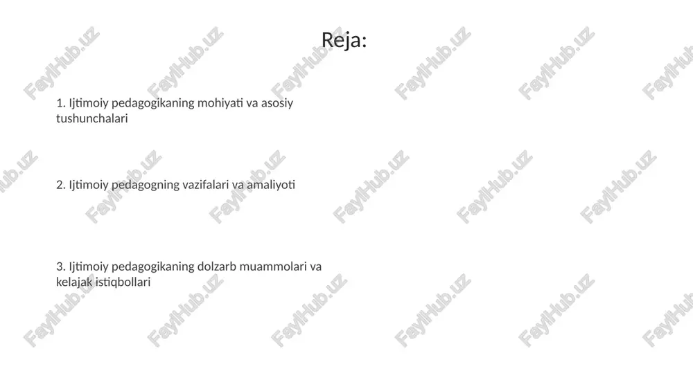 noqulayliklarni kamaytirishga qaratilgan, masalan, "maktabda zo'ravonlikka qarshi 10 qadam" dasturi orqali xulq-atvor muammolarini oldini olishga yordam beradi. korreksiya individual yordam va maxsus dasturlarni o'z ichiga oladi, bunda 6 oylik intensiv terapiya orqali xulq-atvorida og'ish bo'lgan o'smirlarga ijtimoiy moslashuvda ko'maklashish mumkin. inklyuziv ta'lim va ijtimoiy pedagogikaning zamonaviy muammolari inlyuziv ta'limda 100% qamrovga erishishda resurslar yetishmasligi, masalan, moslashuvchan o'quv materiallari va yetarli malakali mutaxassislar kamligi asosiy muammo hisoblanadi. ijtimoiy pedagogikada oilaviy zo'ravonlik, qashshoqlik va diskriminatsiya kabi 3 asosiy omillar tufayli yuzaga keladigan bolalarning ruhiy salomatligi bilan bog'liq muammolar dolzarbdir. ijtimoiy pedagogikada ilmiy tadqiqotlar, xorijiy tajriba va kelajak istiqbollari xorijiy tajriba, masalan, finlandiyaning inklyuziv ta'lim tizimi, o'zbekiston ijtimoiy pedagogika amaliyotiga joriy etilishi orqali bolalar farovonligini yaxshilash mumkin. ijtimoiy pedagogikada ilmiy tadqiqotlar empirik ma'lumotlar yig'ish va tahlil qilish orqali amaliyot samaradorligini oshirishga qaratilgan bo'lib, 2024-yilda dolzarbligi oshadi. e'tiboringiz uchun rahmat image3.jpg image4.jpg image5.jpg image6.jpg image7.jpg image8.jpg image9.jpg image1.jpeg image2.jpeg