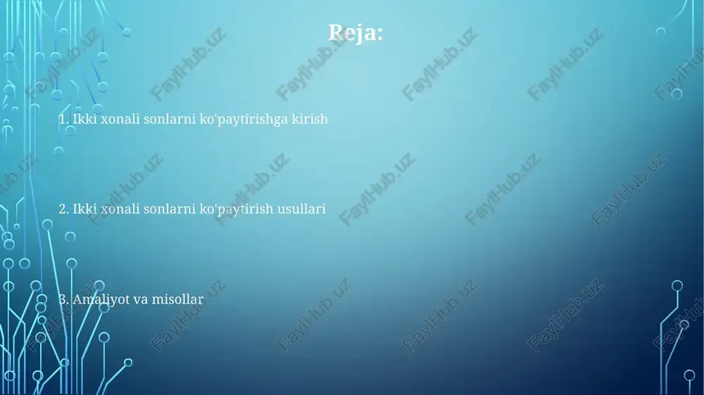 aytmani tushunish uchun yoyish usulidan foydalanish muhim. 47 x 32 kabi misolda, 47 ni (40+7) va 32 ni (30+2) ga ajratib, keyin esa qismlarni ko'paytirish mumkin. e'tiboringiz uchun rahmat image3.png image1.png image2.png