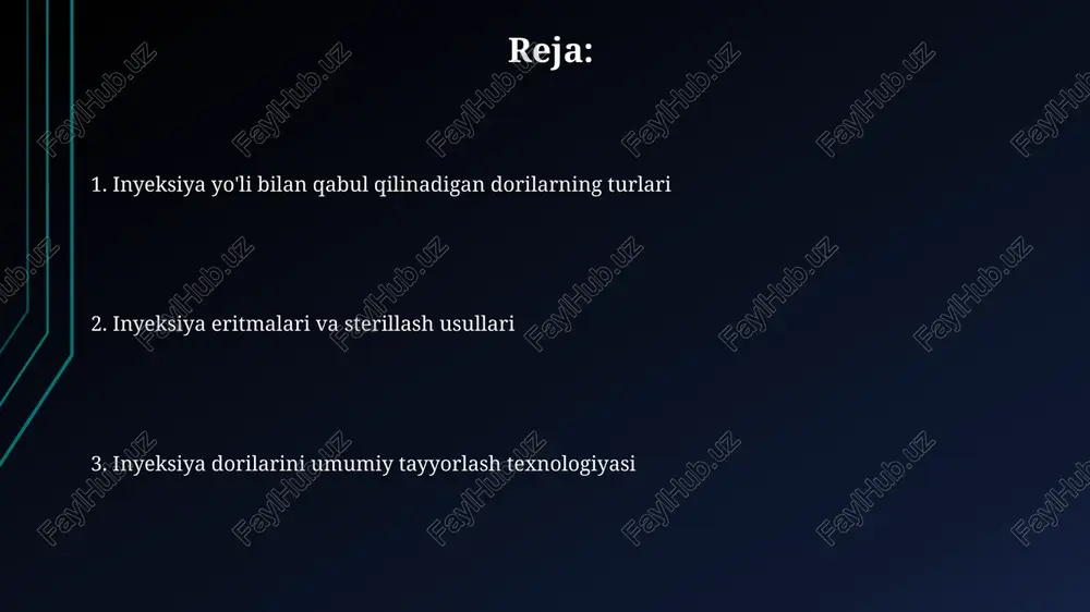 h gematoma yoki tromboflebit kabi 5-10% holatlarda asoratlarga olib kelishi mumkin. teri ichiga in'ektsiya teri ichiga in'ektsiya, odatda, 0.1 ml hajmda dori vositasini terining yuqori qatlamiga, taxminan 10-15 gradus burchak ostida kiritish orqali amalga oshiriladi. in'ektsiya joyi sifatida ko'pincha bilakning ichki yuzasi tanlanadi, chunki bu sohada teri yupqa va dori vositasining so'rilishi tezroq bo'ladi, taxminan 15-20 daqiqada. kam uchraydigan in'ektsiya usullari intraarterial in'ektsiyalar, 5-fluorouratsil kabi dorilarni to'g'ridan-to'g'ri organga yetkazish uchun ishlatiladi; bu usuldan 1950-yillardan beri foydalaniladi, ammo asoratlar tufayli kam qo'llaniladi. intravitreal in'ektsiyalar ko'zning shisha tanasiga bevosita dori vositalarini (masalan, anti-vegf) yuborishni o'z ichiga oladi. ushbu usul 2000-yillardan beri keng qo'llanilmoqda, lekin infektsiya xavfi mavjud. e'tiboringiz uchun rahmat image1.png image2.jpg image3.jpg image4.jpg image5.jpg image6.jpg image7.jpg image8.jpg