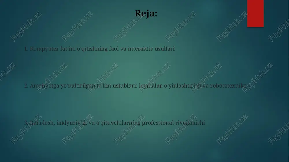 i soddalashtiradi. simulyatsiyalar kompyuter dasturlarining ishlashini xavfsiz va boshqariladigan muhitda sinab ko'rish imkonini beradi, natijada xatolarni 80% gacha kamaytirish va dasturlash ko'nikmalarini rivojlantirish mumkin. hamkorlikdagi loyihalar va ochiq kod hamkorlikdagi loyihalar talabalarga 2-4 nafar guruhlarda ishlash, kodni birgalikda yozish va versiyalarni boshqarish uchun git kabi vositalardan foydalanish imkoniyatini beradi. ochiq kodli loyihalarga hissa qo'shish talabalarga haqiqiy dunyo tajribasini beradi, bu yerda ular 100 dan ortiq qator kodni tekshirish va muammolarni hal qilish orqali o'rganadilar. algoritmik fikrlash va muammolarni yechish algoritmik fikrlash, muammoni 3 asosiy bosqichga ajratadi: muammoni tushunish, yechimni loyihalash (algoritm) va 5 turdagi sinovlar orqali uni tekshirish, xatolarni tuzatish. abstraksiya algoritmlarni yaratishda muhim rol o'ynaydi; 7 qadamli murakkab jarayonda kerak bo'lmagan detallarni e'tibordan chetda qoldirish, faqat 4 ta asosiy qadamga e'tibor qaratish mumkin. baholash, aloqa va inklyuzivlik baholashda turli usullardan foydalanish (10-15%) talabalarning tushunishini chuqur aniqlashga yordam beradi, jumladan, loyihalar, testlar va o'z-o'zini baholash kabi, konstruktiv teskari aloqa bilan …