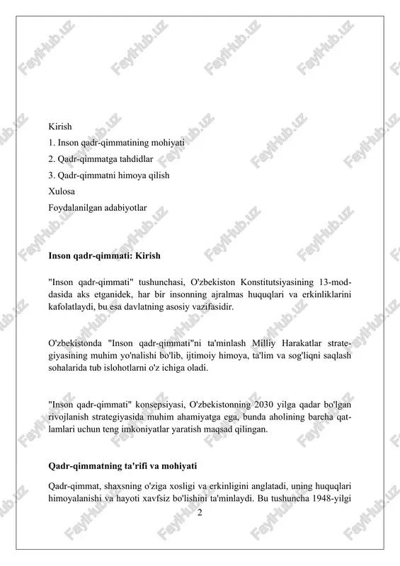 vojlanishining asosi hisoblanadi. qadr-qimmatning falsafiy asoslari qadr-qimmat insonning o'ziga xosligi, 1948-yilgi inson huquqlari umumiy deklaratsiyasi kabi hujjatlar orqali himoyalangan fundamental qadriyat sifatida e'tirof etiladi. qadr-qimmat falsafiy jihatdan kantning imperativ etikasida, har bir insonning o'z-o'zidan maqsad ekanligi va 2 ta vosita emasligi ta'kidlangan g'oyasi bilan bog'liq. avitsenna va farobiy kabi mutafakkirlar insonning aqliy salohiyatiga alohida e'tibor qaratib, uni tabiatdagi mavjudotlarning 3 ta darajasidan yuqori maqomga ko'targanlar. qadr-qimmatning huquqiy asoslari o'zbekiston konstitutsiyasining 13-moddasi qadr-qimmatni himoya qilishni davlat siyosatining ustuvor yo'nalishi sifatida belgilaydi, bu esa inson huquqlarining kafolatidir. fuqarolik kodeksining 99-moddasi shaxsning sha'ni, qadr-qimmati va ishchanlik obro'sini himoya qilish huquqini belgilaydi, bu esa nomoddiy zararni qoplash imkonini beradi. o'zbekiston respublikasining jinoyat kodeksi 139 va 140-moddalarida tuhmat va haqorat qilish uchun jinoiy javobgarlikni belgilaydi, qadr-qimmatni huquqiy himoya qilishning bir shakli sifatida. qadr-qimmat va tenglik 'qadr-qimmat' insonning o'ziga xos qiymatini anglatadi, u tug'ilishdan boshlab beriladi va buzilmas huquqlarni o'z ichiga oladi, bunda 1948-yilgi deklaratsiya asosiy …