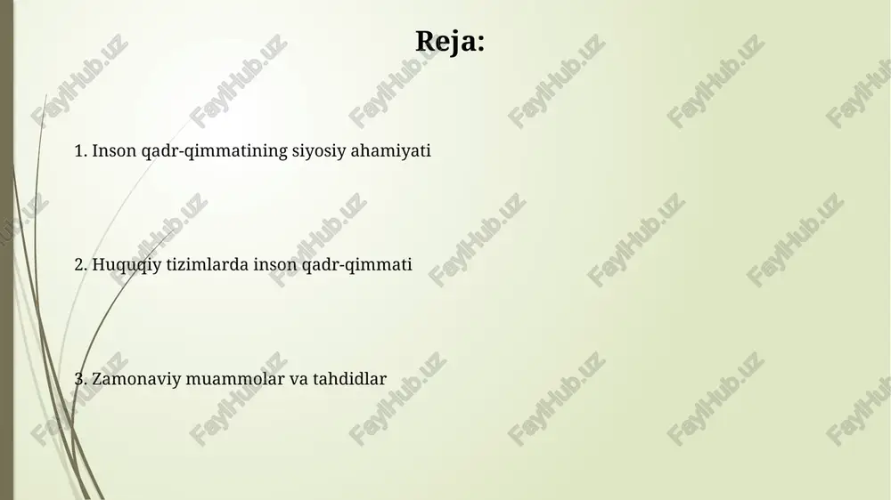 tni himoya qilish uchun zarur. ta'lim va madaniyat – inson qadr-qimmatini shakllantirish asosi ta’lim insonning tanqidiy fikrlash qobiliyatini oshiradi, bu esa unga ekspluatatsiya va kamsitishning 1948-yilgi deklaratsiyasiga qarshi turishga yordam beradi. madaniyatlararo ta’lim turli dunyoqarashlarni qadrlashni rivojlantiradi, bu esa empatiya va 21-asrda hurmat asosida jamiyat yaratishga turtki beradi. global miqyosda inson qadr-qimmati: muammolar va istiqbollar global migratsiya va qochqinlar oqimi 89.3 milliondan oshib ketishi inson qadr-qimmatiga putur yetkazmoqda, ayniqsa, himoyasiz guruhlar uchun xavfsizlik va asosiy ehtiyojlarni ta'minlashda muammolar mavjud. iqlim o'zgarishi, tabiiy ofatlar va resurslar uchun kurashlar natijasida yuzaga kelgan 215 milliondan ortiq ichki ko'chirilgan shaxslar inson qadr-qimmatini saqlashda jiddiy sinovlarni keltirib chiqaradi. inson qadr-qimmatini himoya qilish: zamonaviy yechimlar va kelajak strategiyalari qadr-qimmatni himoya qilishda 2030 yilgacha barqaror rivojlanish maqsadlariga erishish, ayniqsa, qashshoqlikni kamaytirish va taʼlimni rivojlantirish muhim ahamiyatga ega. raqamli texnologiyalarning rivojlanishi shaxsiy maʼlumotlarni himoya qilish boʻyicha qatʼiy qonunlar va 1948 yilgi inson huquqlari deklaratsiyasiga rioya qilishni talab etadi. …