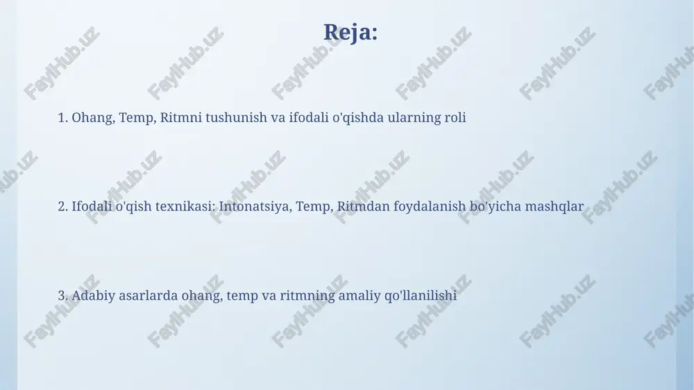 rni tugatish uchun, 2-3 sekundlik uzun pauzalar esa bo'limlarni ajratish uchun ishlatiladi. ifodali o'qish uchun mashqlar va amaliy misollar berilgan matndagi har bir tinish belgisiga (vergul, nuqta, so'roq) muvofiq intonatsiya va tempni o'zgartirish orqali 5-10 ta gapdan iborat qisqa parchani o'qing. she'riy matnlarni o'qishda ritmni his qilish uchun barmoqlaringiz yoki oyoqlaringiz bilan ritmni ushlab turing. 3 daqiqalik mashqlar davomida ritmni o'zgartiring. adabiy asarlardan namunalar va ijro uslublari «o'tkan kunlar» romanidan otabekning nutqi intonatsiya, temp va ritm o'zgarishlari orqali qahramonning ichki kechinmalarini (1-misol) ta'sirchan aks ettirishga yordam beradi.ijro uslubi-dramatik. «alpomish» dostonidagi bahodirlar jangini tasvirlashda temp tezlashuvi va ritmik takrorlar (2-misol) qahramonlik ruhini kuchaytiradi. epos ijrosi, baland ovoz va g'ayrat bilan o'qiladi. auditoriya bilan aloqa va baholash mezonlari auditoriya bilan aloqa o'rnatishda, 3-4 ta asosiy savol berish, o'qilgan matn bo'yicha fikr almashish va auditoriyaning tushunish darajasini aniqlash juda muhim sanaladi. baholash mezonlarida 5 ballik tizim asosida intonatsiya, temp va ritmning 70% ahamiyati, …