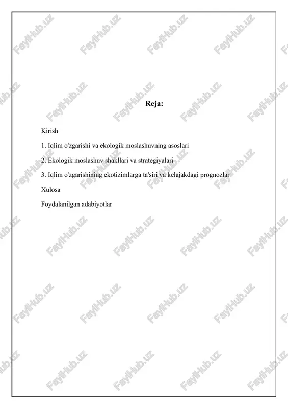 sanoatlashuv davridan beri 40% dan oshiqroqqa oshgan, metan (ch4) va azot oksidi (n2o) kabi boshqa issiqxona gazlari ham sezilarli darajada ko'paygan. ushbu gazlar quyosh energiyasini ushlab qolish xususiyatiga ega bo'lib, yer yuzasining o'rtacha haroratini oshiradi. global miqyosda iqlim o'zgarishi bir qator salbiy oqibatlarga olib keladi. bunga global haroratning ko'tarilishi, dengiz sathining ko'tarilishi, ekstremal ob-havo hodisalarining (issiq to'lqinlar, qurg'oqchilik, suv toshqinlari va bo'ronlar) tez-tezligi va intensivligining ortishi, muzliklarning erishi va biologik xilma-xillikning yo'qolishi kiradi. masalan, arktika muzlarining erishi oq ayiqlar va boshqa arktika hayvonlarining yashash muhitini yo'q qilmoqda, dengiz sathining ko'tarilishi esa qirg'oqbo'yi hududlarida yashovchi millionlab odamlarga tahdid solmoqda. 2023-yilda global o'rtacha harorat sanoatlashuvdan oldingi davrga nisbatan 1.5°c dan oshib ketishi kuzatildi, bu esa iqlim o'zgarishiga qarshi kurashish bo'yicha parij kelishuvi maqsadlariga erishish qanchalik qiyin ekanligini ko'rsatadi. 📊 iqlim o'zgarishi va ekologik moslashuv bo'yicha asosiy ma'lumotlar ushbu statistika iqlim o'zgarishi va ekologik moslashuvning asosiy jihatlarini ko'rsatadi global haroratning sanoatgacha bo'lgan davrga …