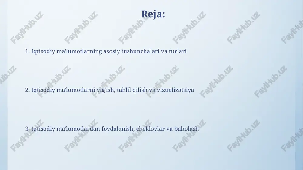 ilish mavsumiylikni tahlil qilishda 12 oylik ma'lumotlar to'plamidan foydalanib, har yili takrorlanadigan naqshlar, masalan, chakana savdoning dekabr oyida 20% ga oshishi aniqlanadi. trendlarni tahlil qilish 5 yillik yaim o'sishi kabi uzoq muddatli yo'nalishlarni baholaydi, bu ko'rsatkichlar 3% o'sish sur'atini ko'rsatishi mumkin, bu esa iqtisodiy rivojlanishni aks ettiradi. o'lchov birliklari, narx indekslari va deflyatsiya o'lchov birliklari iqtisodiy ko'rsatkichlarni standartlashtiradi. masalan, yaimni aqsh dollarida (usd) yoki yevroda (eur) ifodalash davlatlararo taqqoslash imkonini beradi va tahlilni osonlashtiradi. narx indekslari inflyatsiya darajasini o'lchash uchun ishlatiladi. iste'mol narxlari indeksi (ipi) maishiy xarajatlarning o'rtacha o'zgarishini hisoblaydi va foizlarda ifodalanadi. ma'lumotlardagi xatoliklar va nuqsonlar xatoliklar ma'lumotlar yig'ish jarayonida yuzaga kelishi mumkin, masalan, respondentlar 10% noto'g'ri javob berishi yoki 5% xato kiritilgan bo'lishi kabi raqamlar qayd etilishi. bular baholash natijalariga ta'sir qiladi. tanlanma xatoliklar ro'yxatga olishning 3 foizdan 7 foizgacha bo'lgan qismini tashkil etishi mumkin, bu esa natijalarni umumiy aholiga nisbatan noto'g'ri aks ettiradi. bular yakuniy prognozlar sifati …