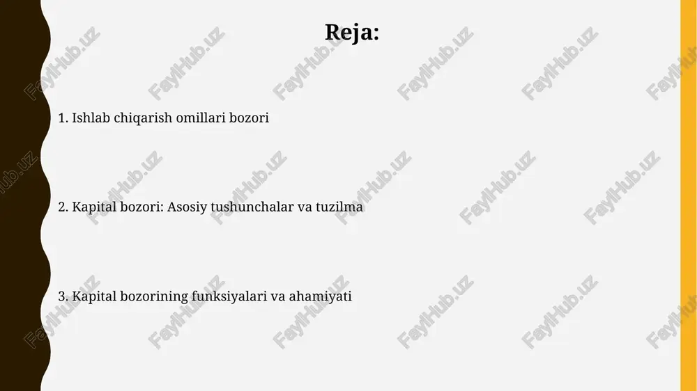 shuningdek talab va taklif dinamikasi muhim. investitsiyalar: kapitalga qo'yilmalar investitsiyalar, asosiy vositalarga yo'naltirilgan kapital qo'yilmalari, ishlab chiqarish hajmini oshirish, 1 milliard so'mlik yangi uskunalar xaridini qamrab olishi mumkin. moliyaviy investitsiyalar dividendlar olish yoki aktiv qiymatini oshirish maqsadida 500 million so'mlik qimmatli qog'ozlar portfeliga kapital qo'yilmalarini o'z ichiga oladi. ishlab chiqarish omillariga talab omillari ishlab chiqarish omillariga talab, pirovard mahsulotga bo'lgan talabdan kelib chiqadi, 100 ta tayyor mahsulot ishlab chiqarish uchun zarur resurslarga bo'lgan ehtiyojni aks ettiradi. o'zgaruvchan xarajatlar omili narxi (masalan, ish haqi) oshishi, boshqa omillar narxlariga ta'sir qiladi, bu esa 25% gacha talabning kamayishiga olib kelishi mumkin. kapital bozoridagi moliyaviy vositalar aksiyalar korporatsiyalar tomonidan kapitalni jalb qilish uchun chiqariladi, ularning qiymati kompaniyaning rentabelligi va bozor talabiga bog'liq, dividendlar esa daromadning bir qismi sifatida to'lanadi. obligatsiyalar - bu qarz majburiyatlari bo'lib, emitent (hukumat yoki kompaniya) belgilangan muddatda foiz to'lash va asosiy summani qaytarishga va'da beradi, risk darajasi turlicha bo'lishi mumkin. …