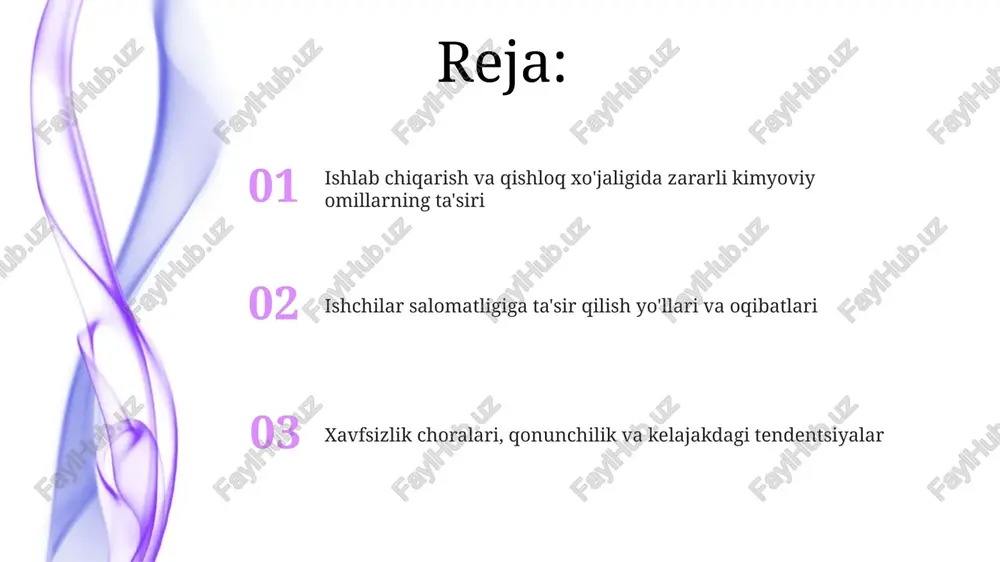 (shhv) foydalanish zarur, ularning samaradorligi muntazam ravishda tekshirilishi kerak. ventilyatsiya tizimlari havodagi zararli kimyoviy moddalarni kamaytirish uchun muhim. mahalliy shamollatish tizimlari manbada zaharli moddalarni olib tashlashga yordam beradi, umumiy shamollatish esa havo almashinuvini yaxshilaydi. qonunchilik, monitoring va nazorat monitoring va nazorat tizimi tarkibiga mehnat vazirligi, sog'liqni saqlash vazirligi va ekologiya qo'mitasi kiradi, ular ish joylarida kimyoviy moddalarning ruxsat etilgan konsentratsiyasini nazorat qiladi. o'zbekiston respublikasida kimyoviy moddalar bilan ishlash xavfsizligini ta'minlash uchun 20 dan ortiq qonunchilik hujjatlari, jumladan, mehnat kodeksi va tegishli sanitariya qoidalari mavjud. sog'liqni saqlash xizmatlari, ta'lim va ishchilar huquqlari sog'liqni saqlash xizmatlari kasbiy kasalliklarni erta aniqlash uchun davriy tibbiy ko'riklar, jumladan, biomonitoringni o'z ichiga oladi, bu esa xodimlarning sog'lig'ini saqlashga yordam beradi. ishchilar huquqlari zararli kimyoviy moddalar bilan bog'liq xavflar haqida to'liq ma'lumot olish, shuningdek, xavfsiz ish sharoitlarini talab qilish va himoya vositalaridan foydalanishni o'z ichiga oladi. texnologik takomillashtirish va kelajakdagi tendentsiyalar nanotexnologiya ishlatilishi kimyoviy ta'sirni kamaytiradigan yangi …