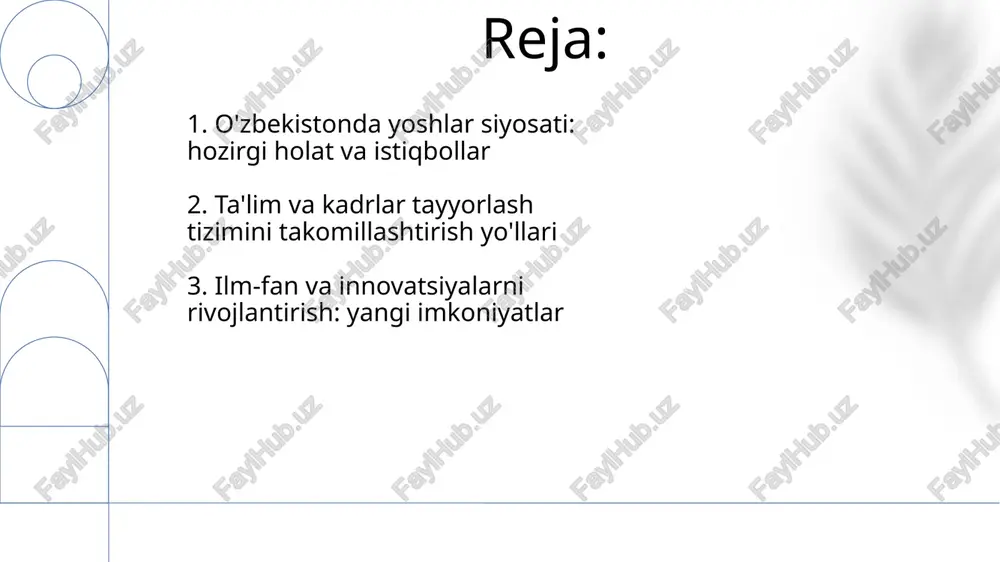 orining real ehtiyojlariga moslashtirish, 70% amaliy mashg‘ulotlarga yo‘naltirish muhim ahamiyatga ega. 5. ilm-fan va ilmiy texnika sohasini rivojlantirish istiqbollari 2022-2026-yillarga moʻljallangan yangi oʻzbekiston taraqqiyot strategiyasida ilmiy tadqiqotlarni moliyalashtirish hajmini 2,5 barobarga oshirish belgilangan. innovatsion infratuzilmani, xususan, texnoparklar va ilmiy markazlar sonini 30 foizga ko‘paytirish, startap ekotizimini rivojlantirish ustuvor vazifa hisoblanadi. 6. islohotlarning kutilayotgan natijalari va ularni baholash kutilayotgan natijalardan biri, ta’lim sifatini oshirish orqali yuqori malakali mutaxassislar sonini 20% ga ko‘paytirish va ularning bandligini ta’minlashdir. islohotlar natijasida, ilmiy ishlanmalarning tijoratlashtirish darajasi 30% ga oshishi, yangi texnologiyalarni ishlab chiqarishga joriy etish tezlashishi kutilmoqda. e'tiboringiz uchun rahmat image1.png image2.jpg image3.jpg image4.jpg image5.jpg