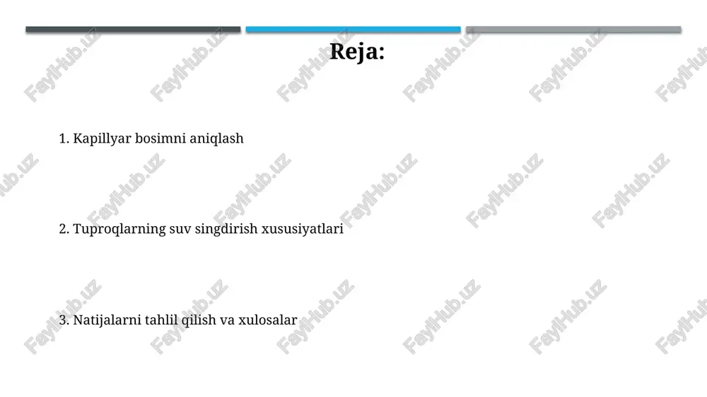 ini o'lchash uchun infiltratsiya testlari qo'llaniladi, bu usulda ma'lum maydonga suv beriladi va uning tuproqqa singish tezligi, masalan, santimetr/soat hisoblanadi. penetrometrlardan foydalanish suv singishini aniqlashda muhim, chunki ular tuproqning zichligini o'lchaydi; yuqori zichlik suvning singishini kamaytiradi, bu esa 0.5-2 mpa bosim bilan belgilanadi. tuproq xususiyatlarining kapillyar bosimga ta'siri tuproqning g'ovaklik hajmi kapillyar bosimga ta'sir etadi: kichik g'ovakliklar yuqori kapillyar bosimni hosil qiladi, masalan, 0.2 mm dan kam bo'lgan tuproqlarda kuchli kapillyar ko'tarilish kuzatiladi. tuproq zarrachalarining hajmi va shakli kapillyar bosimni belgilaydi; mayda va tartibli zarrachalar, masalan, loy tuproqlar, kattaroq kapillyar bosimga ega bo'lib, suvni yaxshi ushlab turadi. tuproq xususiyatlarining suv singishiga ta'siri tuproq tarkibidagi 2:1 nisbatli loy minerallari yuqori suvni ushlab turish qobiliyatiga ega, bu esa suvning kapillyar ko'tarilishini 30% gacha oshirishi mumkin. organik moddalarning tuproqdagi 5% dan ortiq bo'lishi suvning singish tezligini kamaytiradi, lekin umumiy suv sig'imini taxminan 15-20% ga ko'paytirishi mumkin. tajriba natijalari va tahlili kapillyar bosim tajribalarida, …