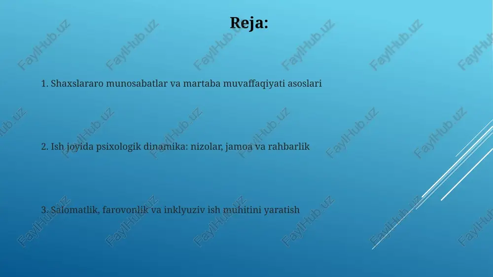 g'liq, shaxslararo munosabatlarni yaxshilaydi. ish joyidagi shaxsiyat farqlari va madaniyatlararo munosabatlar ish joyida shaxsiyatning 5 katta xususiyatlari (big five) turli xil xodimlarning o'zaro munosabatlariga ta'sir qiladi, masalan, kelishuvchanlik jamoada ishlashga ta'sir qiladi. madaniyatlararo aloqalarda 'yuqori kontekstli' (masalan, yaponiya) madaniyatlar to'g'ridan-to'g'ri bo'lmagan usullar orqali muloqot qilishadi, bu esa tushunmovchiliklarga olib kelishi mumkin. ish joyidagi zo'ravonlik va ta'qib: oldini olish va bartaraf etish ish joyidagi zo'ravonlikning 80% dan ortig'i guvohlar oldida sodir bo'ladi. intervensiya oqibatlarni kamaytirishi va jabrlanuvchilarga 50% dan ko'proq yordam berishi mumkin. zo'ravonlikka qarshi siyosatni ishlab chiqish va ularni 100% xodimlarga tushuntirish muhim. treninglar xabardorlikni 30% ga oshirishi va xavfsizlikni ta'minlashi mumkin. jamoaviy qaror qabul qilish, shaxsiy chegaralar va salomatlik guruh qarorlarini qabul qilishda 'guruhiy fikrlash'dan saqlanish juda muhim, bu yerda 7-9 a'zodan iborat guruhlar turli nuqtai nazarlarni hisobga olishlari kerak. shaxsiy chegaralar: sog'lom chegaralar o'z-o'zini hurmat qilishni, 10-12 soatlik ish kunidan keyin dam olishni va 'yo' deyishni o'rganishni o'z …