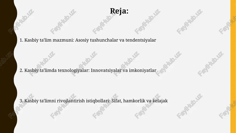 o'z ichiga olishi kerak, bunda o'qituvchilarning 21-asr ko'nikmalarini, jumladan, raqamli savodxonlikni rivojlantirishga e'tibor qaratiladi. o'qituvchilarning malakasini oshirish kurslari har 3 yilda kamida 72 soat bo'lishi, yangi pedagogik texnologiyalar va baholash usullari bilan tanishtirish orqali ularning kasbiy mahoratini oshirishga yo'naltirilgan. kasbiy ta'limda inklyuzivlik va moslashuvchanlik kasbiy ta'limda inklyuzivlik, 504-qonun kabi normativ hujjatlar orqali imkoniyati cheklangan talabalarni qo'llab-quvvatlash, moslashuvchan o'quv rejalari va texnologiyalarni taklif etadi. moslashuvchanlik talabalarning ehtiyojlariga moslashtirilgan o'quv dasturlarini yaratishni o'z ichiga oladi, shuningdek, turli xil o'qitish usullari va baholash strategiyalari qo'llaniladi. kelajak tendentsiyalari va rivojlanish istiqbollari kelajakda vr va ar texnologiyalari orqali 3d modellashtirish va simulyatsiyalar kasbiy ta'limda 40% ga oshib, amaliy ko'nikmalarni rivojlantiradi. sun'iy intellektga asoslangan adaptiv o'quv platformalari o'quv dasturlarini 60% ga moslashtirib, har bir talabaning individual ehtiyojlarini qondirishga imkon beradi. e'tiboringiz uchun rahmat image1.jpg image2.jpg image3.jpg image4.jpg image5.jpg image6.jpg image7.jpg