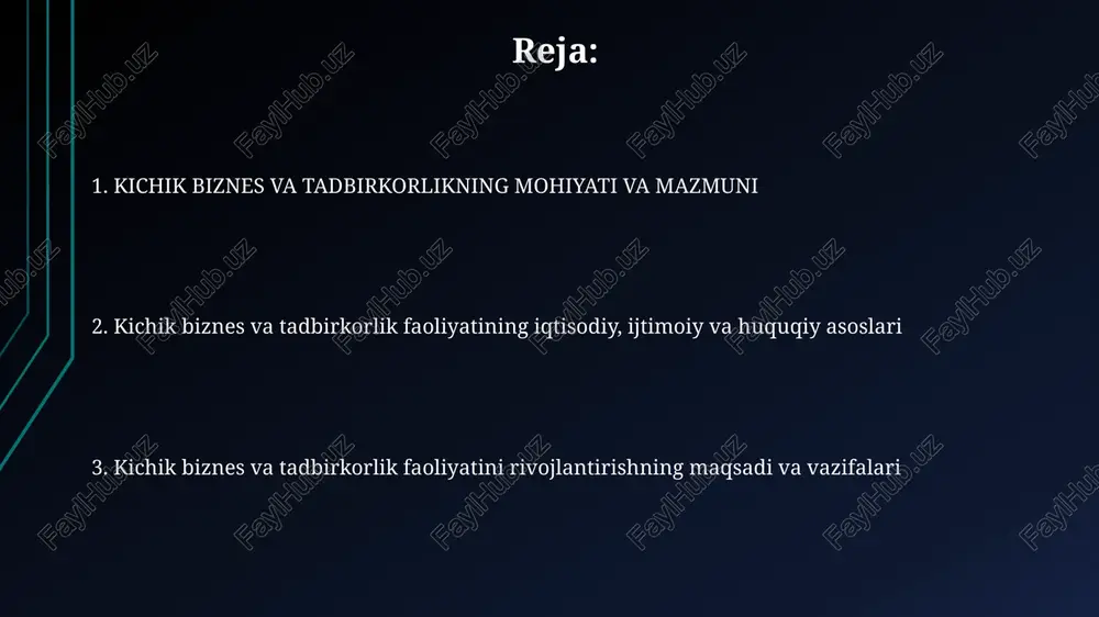 nadi. tadbirkorlik faoliyatining huquqiy asosi-korxonalarni ro'yxatdan o'tkazish jarayonining qisqa va oddiy bo'lishi, tadbirkorlikni himoya qilish va soliq imtiyozlarini takomillashtirishdir. kichik biznes va tadbirkorlik muhiti hamda unga ta'sir etuvchi omillar kichik tadbirkorlikning bir muhitida ish 2000 yilda qariyb 31 foizni iqtisodiyotning faol rivojlanib borayotgan ushbu sektori toʻgʻri kelgan boʻlsa, 2010-yilda esa bu koʻrsatkich 52,5 foizni tashkil etdi. huquqiy omil tadbirkorlik faoliyatini tartibga soladi, ya'ni soliq, yer va mehnat munosabatlari. buni qonunlar (soliq, yer, mehnat) va yo'riqnomalar majmui bo'lib, boshqa subyektlar bilan munosabatlari mujassamlantiradi. kichik biznes va tadbirkorlik faoliyatini rivojlantirishning maqsadi va vazifalari kichik biznesni rivojlantirishning maqsadlaridan biri - ijtimoiy barqarorlikni ta'minlash, bandlikni oshirish va aholi daromadlarini o'stirish, bu ham iqtisodiy o'sish uchun katalizator bo'lib xizmat qiladi. oʻzbekistonda 2010-yilda kichik biznesning yalpi ichki mahsulotdagi ulushi 52,5 foizga yetgan boʻlsa, bunda, davlat soliq imtiyozlari va moliyaviy resurslarni ta'minlash muhim ahamiyatga ega. kichik biznesni belgilovchi mezonlar kichik korxonalarni belgilashda xodimlarning soni, sotish hajmi, asosiy …