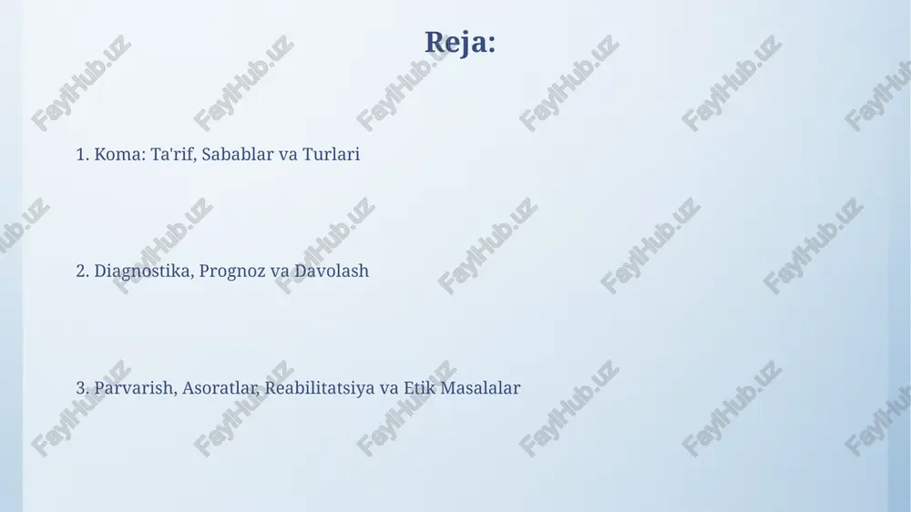 komaning davomiyligi prognoz uchun muhim omil; bir necha haftadan ortiq davom etgan koma, ayniqsa vegetativ holatga o'tgan bemorlarda, tiklanish ehtimoli sezilarli darajada kamayadi. koma davolash koma davolashning asosiy maqsadi - miyani shikastlanishdan himoya qilish va qon bosimi, tana harorati va nafas olish kabi hayotiy funktsiyalarni 90 dan 100% gacha ushlab turishdir. dori-darmonlar miya shishini kamaytirish uchun mannitol kabi osmotik diuretiklar, tirishishlarni nazorat qilish uchun antikonvulsantlar va infektsiyalarga qarshi kurashish uchun antibiotiklar kabi 7 dan 10 kungacha qo'llanilishi mumkin. koma parvarishlash koma holatidagi bemorlar uchun terining parvarishi muhim, chunki bosim yaralarini oldini olish uchun har 2 soatda pozitsiyani o'zgartirish kerak va namlikni saqlash uchun maxsus kremlardan foydalanish lozim. oziqlantirish naychalari orqali kuniga 1500-2000 kaloriya kiritish, elektrolitlar muvozanatini kuzatish va oshqozon-ichak faoliyatini qo'llab-quvvatlash komadagi bemorlarni parvarish qilishning muhim qismidir. koma asoratlari uzoq muddatli harakatsizlik tufayli mushaklarning atrofiyasi va kontrakturasi rivojlanishi mumkin, bu esa bo'g'imlarning doimiy qattiqlashuviga olib keladi va fizik terapiya bilan …