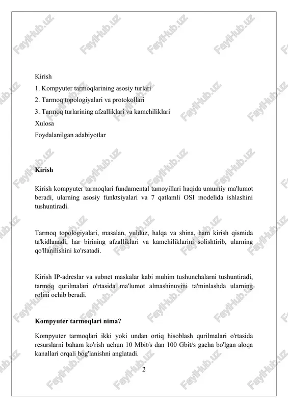-to-peer peer-to-peer tarmoqlarida har bir kompyuter ham server, ham mijoz vazifasini bajaradi, 10 tagacha kompyuterdan iborat kichik ofislar uchun ideal, chunki maxsus server talab etilmaydi. p2p tarmoqlari resurslarni, masalan, fayllar va printerlarni, kompyuterlar o'rtasida bevosita baham ko'rish imkonini beradi, bu esa markaziy boshqaruvga bo'lgan ehtiyojni kamaytiradi. peer-to-peer tarmoqlarida xavfsizlik va boshqaruv murakkabroq, chunki har bir foydalanuvchi o'z tizimini boshqaradi, bu esa 10 dan ortiq qurilmalarda muammolarni keltirib chiqarishi mumkin. tarmoq arxitekturalari: client-server client-server arxitekturasida server markaziy kompyuter bo'lib, 10 dan ortiq mijozlarga fayllarni saqlash, ma'lumotlar bazasiga kirish va dasturlarni ishga tushirish kabi xizmatlarni taqdim etadi. ushbu modelda mijozlar (odatda, foydalanuvchilarning kompyuterlari) serverdan so'rov yuboradi va server so'rovni bajarib, natijani qaytaradi, masalan, 24/7 rejimida ishlaydigan veb-server. client-server arxitekturasida serverning resurslari (cpu, xotira, tarmoq o'tkazuvchanligi) mijozlar o'rtasida taqsimlanadi, bu esa 500 dan ortiq mijozga bir vaqtning o'zida xizmat ko'rsatish imkonini beradi. lan (mahalliy tarmoq) lan odatda bitta tashkilotning ichida, masalan, ofisda yoki …
