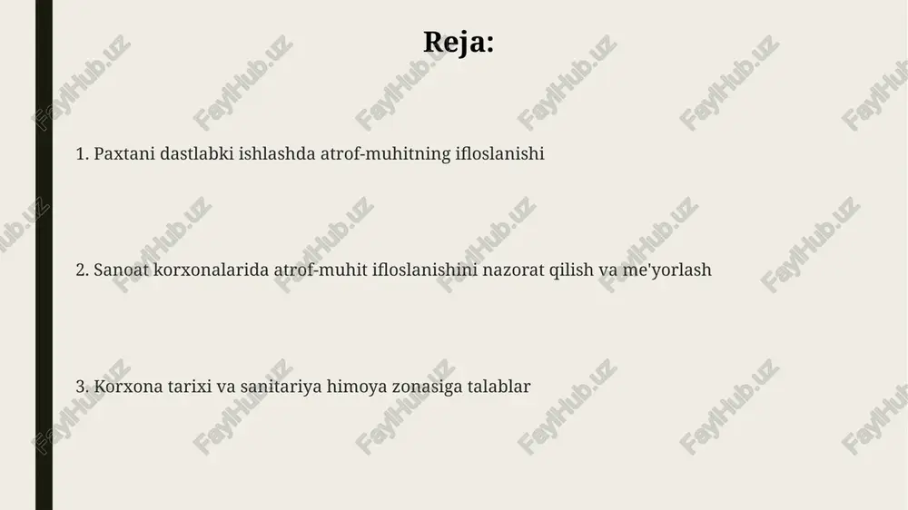 'rsatishi kerakki, 1-toifa sanitariya-himoya zonasi bo'lgan ob'ektlar uning hududida joylashgan emas. bu ekologik xavfsizlikni ta'minlash uchun muhim talabdir. sanitariya-himoya zonasi (shz) loyihasi korxonaning ishlab chiqarish quvvati, texnologiyasi va 0,1 mg/m3 dan oshmaydigan ifloslantiruvchi moddalar konsentratsiyasini hisobga olishi shart. sanitariya-himoya zonasining maqsadi va vazifalari sanitariya-himoya zonasi (shhz) atmosfera havosini 0,1 mpk (ruxsat etilgan maksimal konsentratsiya) darajasigacha kamaytirish orqali aholi salomatligini himoya qilishni maqsad qiladi. shhzning asosiy vazifasi korxona chiqindilarining inson salomatligiga ta'sirini minimallashtirish, 1-sinf xavfli korxonalarda 1000 metrdan kam bo'lmagan masofani ta'minlashdir. shhz korxona atrofida monitoring olib borish, ifloslanish darajasini baholash va 5.14.0-sonli sanpin talablariga muvofiq sanitariya-gigiyena tadbirlarini amalga oshirish uchun xizmat qiladi. korxona atrof-muhitga ta'sirini baholash suv resurslariga ta'sirini baholashda oqova suvlarning sifati, suv havzalariga tashlanadigan hajmi va suv organizmlariga ta'siri o'rganiladi, shuningdek, cod (kimyoviy kislorodga talab) va bod (biologik kislorodga talab) ko'rsatkichlari tahlil qilinadi. korxona atrof-muhitga ta'sirini baholashda atmosfera havosiga ta'sirini aniqlash uchun emissiya miqdori, konsentratsiyasi va tarqalish modellari …