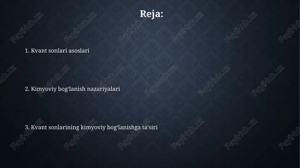 hi boʻladi. vbn, rezonans hodisasini tushuntiradi, bu yerda bir nechta lewis tuzilmalari molekulaning haqiqiy tuzilishini tavsiflash uchun birlashtiriladi, bunda molekulaning energiyasi eng kam boʻlgan holatni koʻrsatadi. molekulyar orbital nazariyasi (mot) mot atom orbitallarining chiziqli kombinatsiyasi (lcao) orqali molekulyar orbitallarni hosil qiladi, bu yerda bog'lovchi orbitallar past energiya va yuqori stabillikka ega. molekulyar orbital nazariyasi bog'lanish tartibini hisoblab chiqadi, bu bog'lovchi elektronlar sonidan antibog'lovchi elektronlar sonini ayirib, 2 ga bo'lish orqali aniqlanadi. xulosa kvant sonlari, masalan, bosh kvant soni (n=1,2,3...), elektronning energiyasini va atom yadrosidan oʻrtacha uzoqligini belgilaydi, bu esa bogʻlanish masofasiga ta'sir etadi. kimyoviy bogʻlanish turlari (ionli, kovalent, metall) atomlarning elektron konfiguratsiyasi va ular orasidagi elektr manfiyatsizlik farqi bilan belgilanadi, bu esa bogʻlanish mustahkamligiga taʼsir etadi. e'tiboringiz uchun rahmat image2.jpg image3.jpg image4.jpg image5.jpg image6.jpg image7.jpg image8.jpg