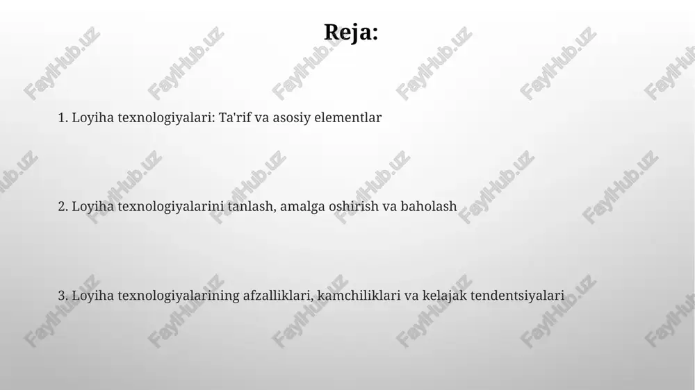 asosiy afzalligi - bu 25% gacha mahsuldorlikni oshirish, resurslardan samarali foydalanish va xatolarni kamaytirish orqali loyihani optimallashtirish. loyihaviy texnologiyalarning kamchiliklaridan biri - bu ularni joriy etishga ketadigan 10-15% qo'shimcha xarajatlar, ayniqsa, murakkab dasturiy ta'minot va o'qitish bilan bog'liq. loyiha texnologiyalariga misollar va ularni baholash agile metodologiyasi, masalan, scrum, loyiha texnologiyasi bo'lib, tez iteratsiyalar va moslashuvchanlik orqali qiymat yetkazishni ta'minlaydi. baholash uchun burn-down chartlaridan foydalaniladi. bim (building information modeling) qurilish sohasida keng qo'llaniladi. u 3d modellashtirish va ma'lumotlar bazasini birlashtirib, loyihani baholash uchun vizualizatsiya va tahlil imkoniyatlarini beradi. kelajakdagi loyiha texnologiyalari tendentsiyalari kelajakda loyiha boshqaruvida ai va mashinaviy o'rganish 90% ga avtomatlashtirish imkoniyatini beradi, xatarlarni prognozlash va resurslarni optimallashtirishni yaxshilaydi. blokcheyn texnologiyasi loyihalarda shaffoflikni 75% ga oshiradi, xavfsizlikni ta'minlaydi va 2025 yilga borib, loyihalardagi kelishmovchiliklarni kamaytiradi. e'tiboringiz uchun rahmat image3.png image4.jpg image5.jpg image6.jpg image7.jpg image8.jpg image9.jpg image10.jpg image1.png