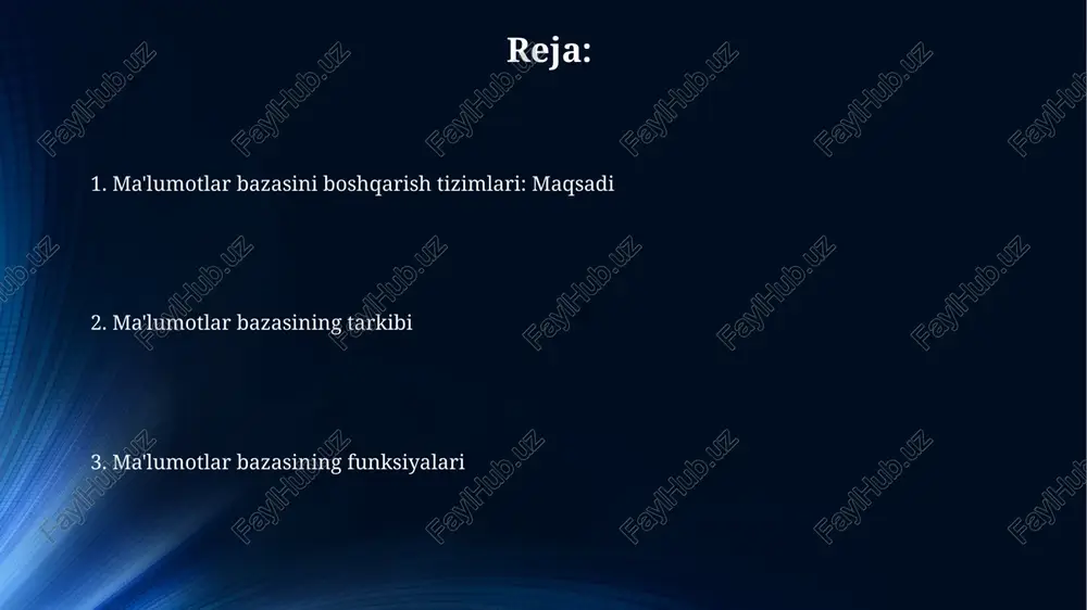 or kirishni ta'minlaydi. mbbt ma'lumotlar bazasida 5 asosiy funksiyani bajaradi: ma'lumotlarni aniqlash, yaratish, yangilash, o'chirish va ma'lumotlarga kirishni nazorat qilish orqali ma'lumotlar yaxlitligini ta'minlash. e'tiboringiz uchun rahmat image1.jpeg