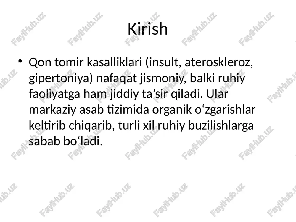 sus klinik ko‘rinishlar • postinsult depressiyasi • postinsult demensiyasi • organik shaxsiyat buzilishi • psixotik reaksiyalar differensial diagnostika • altsgeymer kasalligi • bosh miya travmalari oqibatlari • shizofreniya va boshqa endogen psixozlar • neyroinfeksiyalar davolash prinsiplari • asosiy somatik kasallikni davolash (antigipertenziv, antikoagulyant) • antidepressantlar va anksiolitiklar • antipsixotiklar (zarurat bo‘lsa) • reabilitatsiya va psixoterapiya • oila a’zolari bilan psixoedukatsiya reabilitatsiya va profilaktika • psixoterapiya va kognitiv treninglar • fizioterapiya, nutq terapiyasi • ijtimoiy qo‘llab-quvvatlash • qon bosimini nazorat qilish, sog‘lom turmush tarzi • erta tashxis va monitoring xulosa qon tomir kasalliklari ruhiy buzilishlar bilan chambarchas bog‘liq. depressiya, xavotir, kognitiv buzilishlar, psixotik simptomlar va shaxsiyat o‘zgarishlari tez-tez uchraydi. ularni erta aniqlash va kompleks davolash bemorning hayot sifatini sezilarli darajada yaxshilaydi. psixiatriya va nevrologiyaning integratsiyalashgan yondashuvi muhimdir.