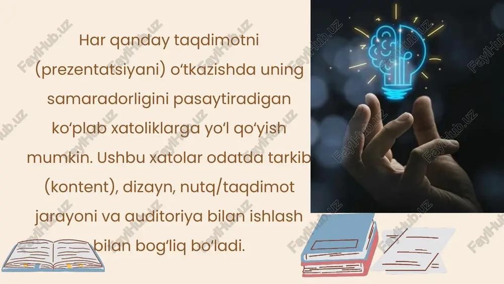 gapirish, til bilan bogʻliq xatoliklar yoki tinimsiz "eee...", "mm..." kabi toʻldiruvchi soʻzlarni ishlatish. * tana tili va koʻz kontakti yoʻqligi: auditoriyaga emas, faqat ekranga yoki qoʻlga qarab gapirish. tana holatining qattiq yoki aksincha, juda beparvoligi. ... * interaktivlikning yetishmasligi: tinglovchilarni jarayonga jalb qilmaslik, savol berishga imkoniyat bermaslik yoki ularning savollarini e'tiborsiz qoldirish. * auditoriyani tanqid qilish/qadrlamaslik: tinglovchilarni masxara qilish yoki ularning bilim darajasini past baholash. * savollarga tayyor emaslik: mavzu boʻyicha ehtimoliy savollarga javob berishga tayyorlanmaslik. 👥 auditoriya bilan ishlashdagi xatolar taqdimotdagi xatoliklarni bartaraf etish va taqdimotni yuqori darajada oʻtkazish uchun bir nechta samarali yechimlar va yondashuvlar mavjud. bular bilan ham birgalikda tanishib chiqamiz taqdimotdan kutilayotgan asosiy natija nima (ma'lumot berish, sotish, ishontirish, yechim taklif qilish)? ​bunga yechim shuki, maqsadni bir jumlada shakllantirish (masalan: "tinglovchilarni a kompaniyaning yangi mahsuloti b ni sotib olishga ishontirish"). ​auditoriyani tahlil qilish: ​nima uchun muhim: ma'lumotni kimga yetkazayotganingizni bilish (ularning bilim darajasi, ehtiyojlari, qiziqishlari, yoshi). …