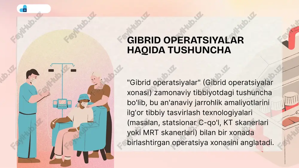 n va keyin yumshoq to'qimalar va suyaklarning batafsil kesma tasvirini olish (masalan, neyroxirurgiyada). 3.mrt (magnit rezonans tomografiyasi) eng ilg'or gibrid xonalarning ba'zilarida joylashgan. yumshoq to'qimalarning yuqori aniqlikdagi tasvirlari (masalan, o'smalarni olib tashlashda miya to'qimasini aniq farqlash). 4.navigatsiya tizimlari tasvirlash ma'lumotlarini jarrohlik asboblari joylashuvi bilan birlashtiradi. jarrohning asboblari (masalan, kateter, burg'u) tanadagi aniq joylashuvini real vaqtda kuzatish. 5.laminar oqim tizimi infeksiya xavfini minimal darajaga tushiruvchi steril havo oqimi. ochiq jarrohlik amaliyotlarini xavfsiz o'tkazishni ta'minlash. fauget ​gibrid xona oddiy orga nisbatan bir qancha fundamental ustunliklarga ega: ​jarayonlarning birlashuvi ("one-stop shop"): ​endovaskulyar (kateter orqali, minimal invaziv) va ochiq jarrohlik (an'anaviy, katta kesma) amaliyotlarini bir xonada, bir sessiyada o'tkazish imkoniyati. ​aniqlik va xavfsizlikning oshishi: ​jarrohlik amaliyoti davomida bevosita yuqori sifatli 3d tasvirlar (masalan, fusion imaging — turli tasvirlarni birlashtirish) olinishi natijasida, jarroh operatsiyaning samaradorligini shu zahotiyoq baholay oladi. ​ fauget ​vaqtni va xavfni kamaytirish: ​agar minimal invaziv usul kutilgan natijani bermasa, bemorni boshqa orga …