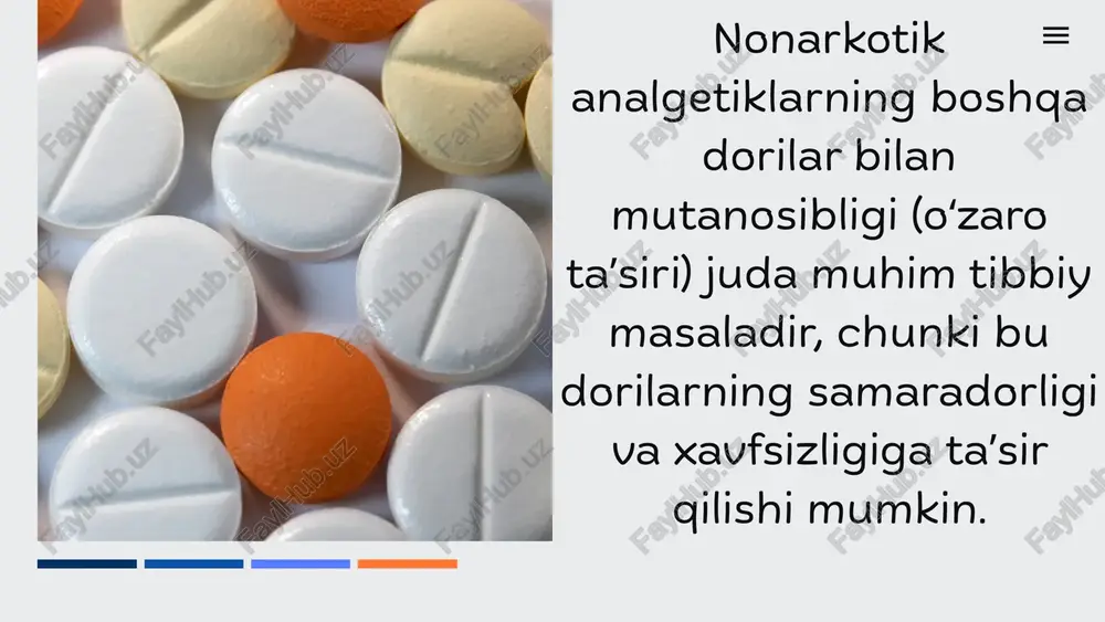 abolizmini tezlashtirish atsetaminofenning samarasi kamayadi va jigar zaharlanishi xavfi oshishi mumkin. ​nonarkotik analgetiklarni boshqa dorilar bilan birga qabul qilishda ikki asosiy xavf mavjud: www.reallygreatsite.com 1. ​toksiklikning oshishi (zaharlanish): nyaqd bilan diuretiklar/gipertoniya dorilari qabul qilinganda buyrakka, atsetaminofen bilan alkogol qabul qilinganda esa jigarga zarar yetish xavfi oshadi. 2. ​qon ketish xavfi: nyaqd ni qonni suyultiruvchi dorilar (varfarin) yoki boshqa nyaqd bilan birlashtirish ogʻir oshqozon-ichak qon ketishlariga olib kelishi mumkin. eng muhimi: har qanday nonarkotik analgetikni qabul qilishdan oldin, ayniqsa boshqa dorilarni doimiy ichayotgan boʻlsangiz, shifokor yoki farmatsevt bilan maslahatlashish majburiydir. www.reallygreatsite.com e'tiboringiz uchun rahmat image1.jpeg image2.jpeg image3.png image4.svg image5.png image6.svg image7.png image8.svg image9.jpeg image10.jpeg image11.jpeg image12.jpeg image13.jpeg image14.jpeg image15.jpeg image16.jpeg image17.jpeg image18.jpeg /docprops/thumbnail.jpeg
