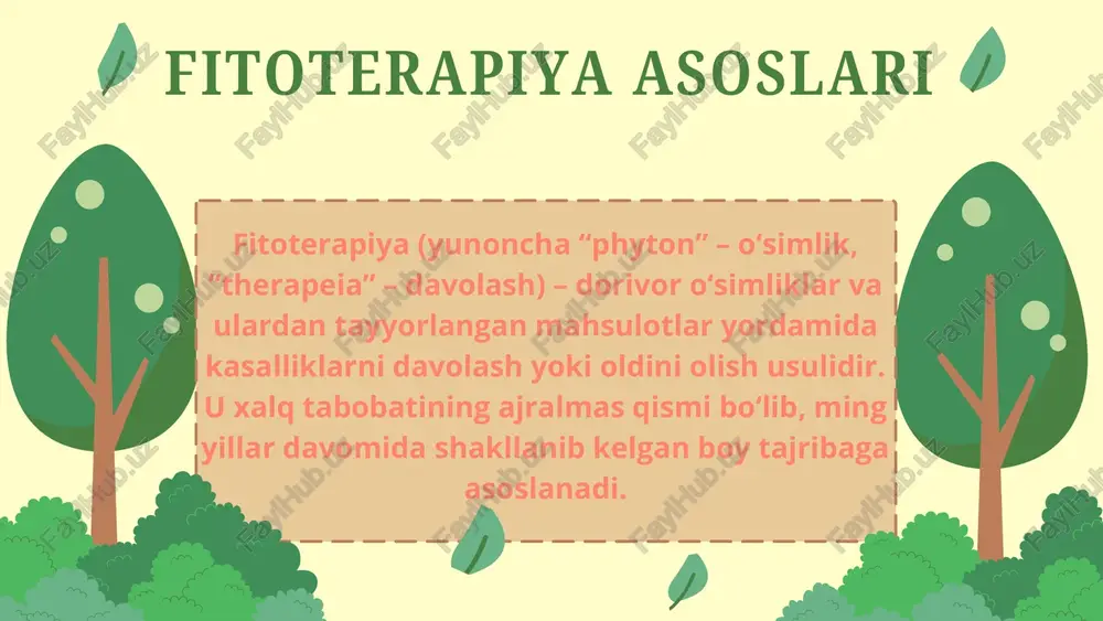 mlama (nastoyka): o'simlikning quruq yoki yangi qismlarini spirt, aroq yoki sirka bilan damlab tayyorlanadi. ​qaynatma: o'simlikning qattiq qismlarini (ildiz, po'stloq) suvda qaynatish orqali tayyorlanadi. ​damlamalar (otvar): o'simlikning gullari, barglari yoki mevalari ustiga qaynoq suv quyib, ma'lum muddat tindirish orqali olinadi. ​surtmalar (maz): o'simlik yog'i yoki kukunini yog'li asos (sariyog', vazelin) bilan aralashtirib tayyorlanadi. ​yig'malar (choy): bir nechta dorivor o'simliklarning aralashmasi. ​o'zbekiston hududi dorivor o'simliklarga juda boy. 4300 dan ortiq o'simlik turidan 750 tasi dorivor hisoblanadi. xalq tabobatida keng qo'llaniladigan mashhur o'simliklardan ba'zilari:zanjabil, qizilmiya, yalpiz, na'matak, moychechak kabilar. qo'llanilish sohasi (an'anaviy) zanjabil: shamollash, ovqat hazm qilish, immunitetni ko'tarish qizilmiya: yo'tal, balg'am ko'chirish, oshqozon yarasi moychechak: yallig'lanishga qarshi, tinchlantiruvchi, teri kasalliklari yalpiz: oshqozon-ichak buzilishlari, bosh og'rig'i, tinchlantirish na'matak: vitamin manbai (ayniqsa, c), immunitetni mustahkamlash fitoterapiya va zamonaviy tibbiyot hozirgi kunda fitoterapiya ilmiy asosda o‘rganilmoqda va ko‘pincha an'anaviy tibbiyot bilan birgalikda (integrativ tibbiyot) qo'llaniladi. dorivor o'simliklar asosida olingan ko'plab preparatlar (fitopreparatlar) klinik sinovlardan …