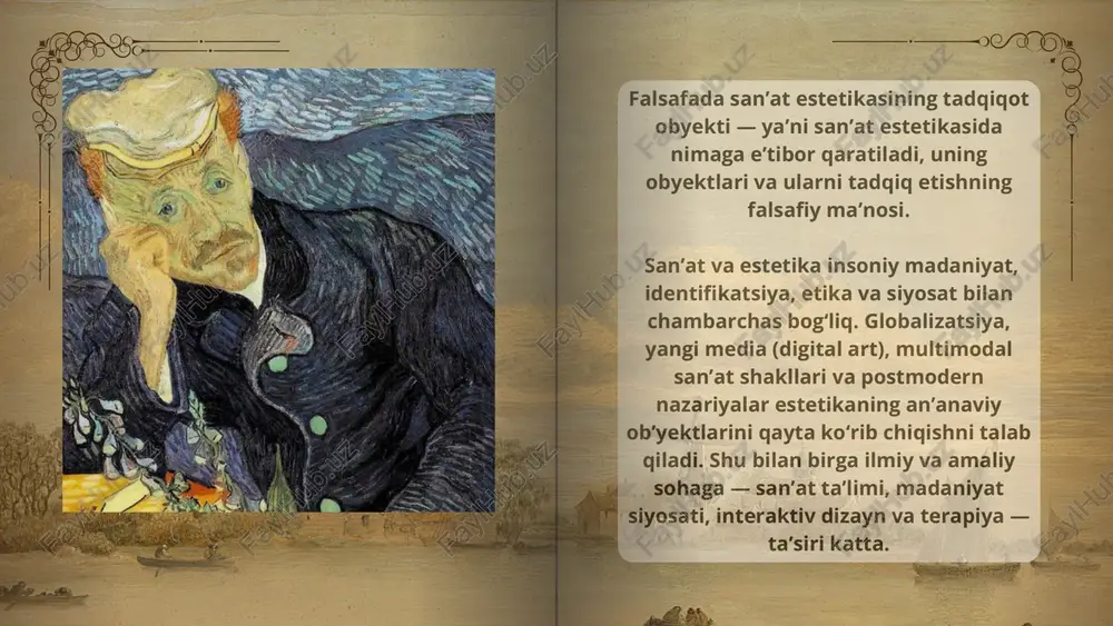 atr, arxitektura, dizayn. • yangi media va interaktiv asarlar (digital art, video art, installyatsiya). 2. ijodiy jarayon va muallif (artist/creator) • ijod motivatsiyasi, intuitsiya, texnika, kontekstual qarorlar. • muallif va uning niyati (author’s intention) muammosi. 3. tomoshabin (resepciya) va estetik tajriba • qabul qilish protsessi, estetik did, hissiy reaktsiyalar va interpretatsiya. • estetik tarbiya va estetik pedagogika. communication 4. sandiq (context) va ijtimoiy-funksional jihatlar • san’atning ijtimoiy roli, madaniy siyosat, estetik normalar, ideologiya. • san’at va axloqiy me’yorlar (moral aesthetics). 5. go‘zallik va forma-mazmun muammosi • go‘zallik kontseptsiyasi, forma va mazmun munosabati, estetik qiymat. 6. ontologik va epistemologik savollar • san’at asarining ontologik maqomi (ob’ektmi, voqea-mi?), san’atni tushunish metodlari. metodologiya va tadqiqot usullari estetika falsafiy va interdisipliner soha bo‘lgani uchun turli metodlar qo‘llanadi: • falsafiy-analitik metod: tushunchalarni aniqlash, argumentlar zanjiri, kontseptsiyalarni tahlil qilish. • fenomenologik metod: estetik tajribaning ichki strukturasi va sub’yektiv tafakkurni o‘rganish (husserl, merleau-ponty). • hermenevtik metod: asarlarni …