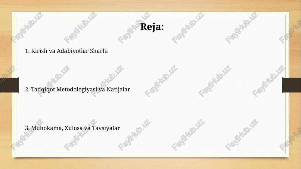 1-toifa xatolik ehtimolini hisobga olgan holda izohlaydi. xulosa xulosa tadqiqotning asosiy topilmalari va ularning tadqiqot savollariga javob berishini 20-40 so'z bilan aniq bayon etishi kerak. xulosada tadqiqot natijalarining amaliy ahamiyati va kelajakdagi tadqiqotlar uchun 20-40 so'zdan iborat takliflar mujassam bo'lishi lozim. tavsiyalar tavsiyalarda tadqiqot natijalaridan kelib chiqadigan amaliy echimlar va 3-5 yillik istiqboldagi yo'nalishlar aniq ko'rsatilishi, manfaatdor tomonlar uchun ahamiyatli bo'lishi kerak. tavsiyalar bo'limida kelgusi tadqiqotlar uchun yo'nalishlar, metodologik takliflar va 1-2 ta yangi gipotezalar keltirilishi, ilmiy jamoatchilik e'tiborini jalb qilishi mumkin. adabiyotlar ro'yxati adabiyotlar ro'yxatida barcha manbalar, shu jumladan 5 dan ortiq kitoblar, maqolalar va internet resurslari ko'rsatilishi kerak, ulardan tadqiqotda foydalanilgan ma'lumotlar keltirilgan. adabiyotlar ro'yxati apa, mla yoki harvard kabi belgilangan stil formatiga (masalan, 6-nashr) mos kelishi kerak, bu esa manbalarni aniq va izchil ko'rsatish imkonini beradi. ilovalar ilovalar bo'limida xom ma'lumotlar, so'rovnomalar nusxalari, intervyu transkriptlari va qo'shimcha statistik tahlillar kabi tadqiqot natijalarini tasdiqlovchi materiallar keltiriladi. ilovalarga kiritilgan …