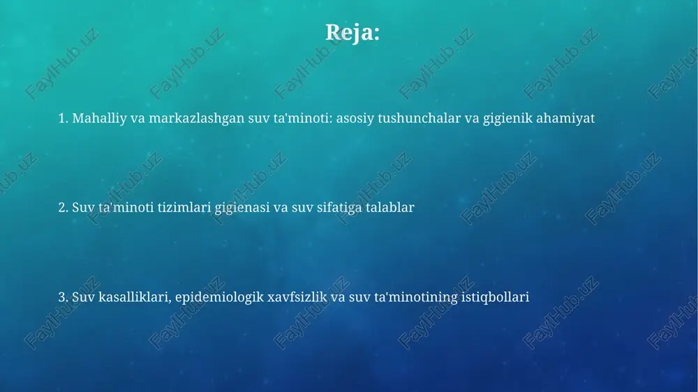 icha 7 mg-ekv/l dan oshmasligi kerak. ushbu ko'rsatkichdan oshishi buyrak va yurak-qon tomir kasalliklariga olib kelishi mumkin. markazlashgan va mahalliy suv ta'minotini taqqoslash markazlashgan ta'minotda katta suv havzalari ishlatiladi, bu esa 10000 dan ortiq iste'molchilarni qamrab oladi, mahalliy ta'minotda esa kichik manbalar (quduqlar) 50 tagacha odamni ta'minlaydi. markazlashgan tizimda suvni tozalash va zararsizlantirishning ko'p bosqichli texnologiyalari qo'llaniladi, mahalliyda esa oddiy filtrlash yoki qaynash usuli 60-80% mikroorganizmlarni yo'q qiladi. suv kasalliklari va ularning oldini olish suv orqali yuqadigan kasalliklar, jumladan, vabo va gepatit a, ifloslangan suvdan tarqaladi. profilaktika choralari orasida suvni qaynatish va 0.2 mikronli filtrlardan foydalanish mavjud. diareya kasalliklari, masalan, e. coli tufayli yuzaga keladi, ayniqsa bolalar uchun xavflidir. suvni xlorlash 4 ppm (millionga qism) konsentratsiyada samarali oldini olish usuli hisoblanadi. suv ta'minoti tizimlarida gigienik talablar va monitoring suv sifatiga gigienik talablar gost 950-80 standartiga muvofiq bo'lishi kerak, shu jumladan ranglilik darajasi 20 gradusdan, loyqalik 2 mg/l dan oshmasligi zarur. …