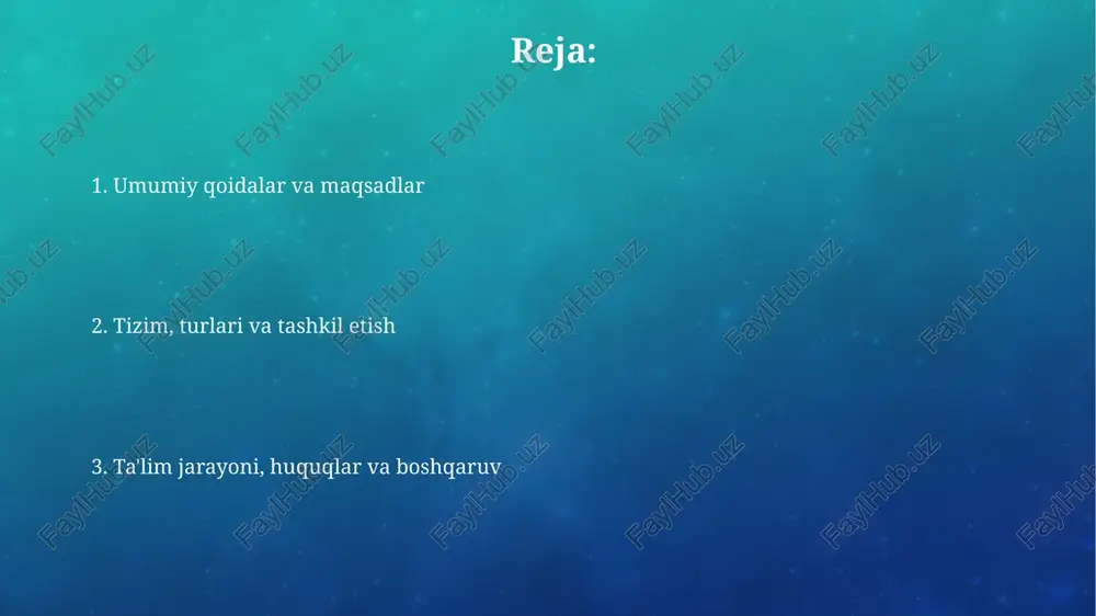 urli xil bo'lib, 3 yoshdan 7 yoshgacha bo'lgan bolalar uchun mo'ljallangan davlat, nodavlat va xususiy muassasalarni o'z ichiga oladi. qisqa muddatli guruhlar ham mavjud bo'lib, ular bolalarni maktabga tayyorlash uchun 3-4 soatlik ta'lim beradi va bu oilalarga moslashuvchanlikni ta'minlaydi. maktabgacha ta'lim tashkilotlarini tashkil etish va tugatish tartibi maktabgacha ta'lim tashkilotini tashkil etish uchun ariza beruvchi, 1 oydan kechiktirmay, mahalliy hokimliklarga zarur hujjatlarni taqdim etishi shart. tashkilotni tugatish to'g'risidagi qaror, mulkdor yoki vakolatli organ tomonidan qabul qilinadi va bu haqda 3 oy oldin xodimlar ogohlantiriladi. e'tiboringiz uchun rahmat image3.png image4.jpg image5.jpg image6.jpg image7.jpg image8.jpg image9.jpg