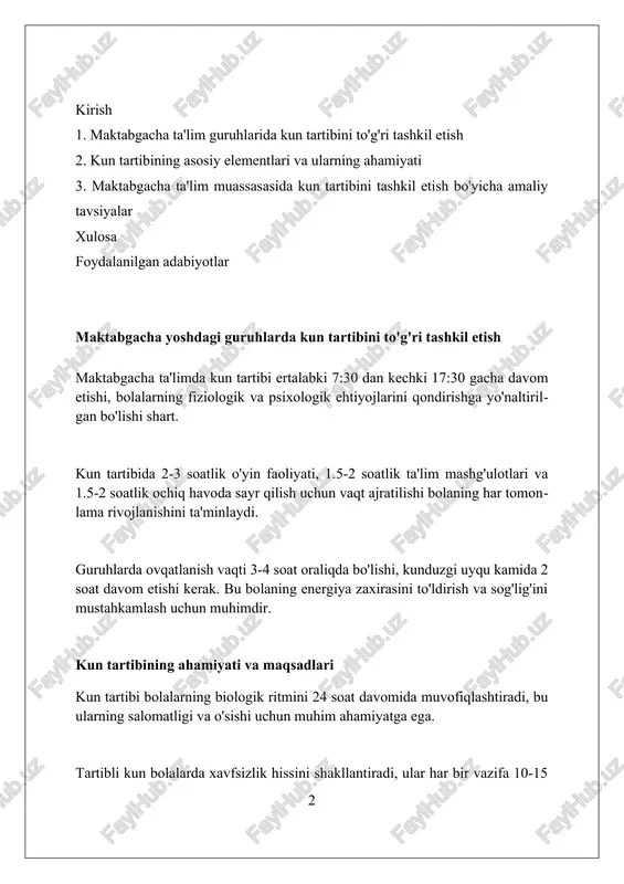, ularning qiziqishlari va qobiliyatlariga mos keladigan 8-12 turli xil o'yinlarni o'ynashni afzal ko'radilar. kun tartibini rejalashtirish tamoyillari kun tartibi barqarorligi muhim: har bir faoliyat uchun aniq vaqt belgilang, masalan, nonushta soat 8:00 da va sayr soat 10:30 da boshlanishi kerak. bolalarning fiziologik ehtiyojlarini hisobga olish zarur, jumladan, yetarli uyqu vaqtini (kamida 10-12 soat), to'g'ri ovqatlanish tartibini ta'minlash. faoliyat turlarini muvozanatlash kerak: passiv (masalan, kitob o'qish) va faol (o'yinlar) faoliyatlar o'rtasida optimal almashinuvni tashkil eting. kundalik rejani tuzish bosqichlari 1-bosqich: bolalarning yosh xususiyatlarini hisobga olgan holda, rivojlanish sohalari (nutq, ijtimoiy-hissiy, kognitiv) bo'yicha maqsadlar aniqlanadi, kun tartibi asosini tashkil etadi. 2-bosqich: dars jadvali tuziladi, bunda ta'limiy faoliyat (30-45 daqiqa), o'yinlar (15-20 daqiqa), sayrlar (1-2 soat) va dam olish vaqtlari muvozanatli ravishda taqsimlanadi. 3-bosqich: kun davomida har bir faoliyat turi uchun kerakli materiallar, o'yinchoqlar, jihozlar ro'yxati tuziladi, ularning xavfsizligi tekshiriladi, bolalarning qulayligi ta'minlanadi. mashg'ulotlar jadvalini shakllantirish mashg‘ulotlar jadvali bolalarning yoshini, rivojlanish darajasini …