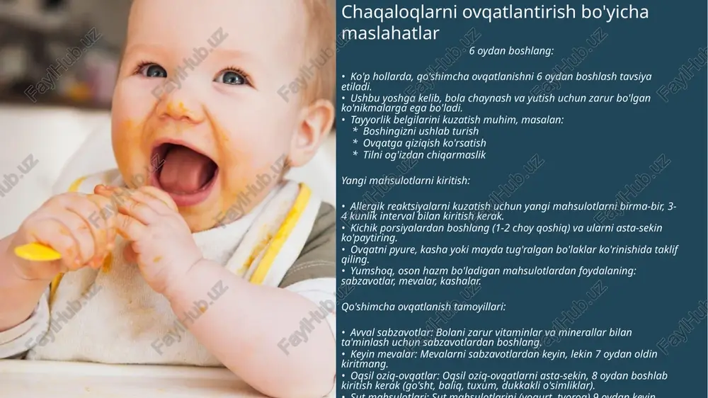 laning vaznini kuzatib boring: bolaning yaxshi vazn olishi muhim. - bolani ovqatlanishga majburlamang: agar bola ovqatlanishni istamasa, uni majburlamang. - eslab qoling, qo‘shimcha ovqatlanish jarayon: bu bir martalik hodisa emas, balki asta-sekin kattalar ovqatiga o‘tishdir. qo‘shimcha ovqatlanish bolalarning hayotidagi muhim bosqichdir. pediatringizning tavsiyalariga rioya qiling va sabrli bo‘ling! nonushtalar 4 ovsya (suli) bo'tkasi mevalar bilan 15 daq • 2 kishilik ingredientlar ovs yormasi - 50 g sut - 300 g qora smorodina - 20 g qizil smorodina - 20 g sariyog' - 10 g tayyorlanish sutni kastryulkaga quyib, gaz ustiga qo'yamiz. sutni qaynatib olamiz, so'ng ovsyanka yormasini solamiz, aralashtiramiz va yormaning hajmiga qarab 5-10 daqiqa davomida past olovda pishiramiz. yorma shishib, bo'tqa quyuqlashgach, kastryulkani pechdan olib, sariyog' bo'lagini qo'shamiz va aralashtiramiz. kastryulkani qopqoq bilan yopib, bo'tqani 5 daqiqa dam olishi uchun qoldiramiz. so'ngra sariyog' qo'shamiz va ustini mevalar bilan bezatamiz. 5 avakado bilan pishirilgan tuxum avakado 1 dona tovuq tuxumi …
