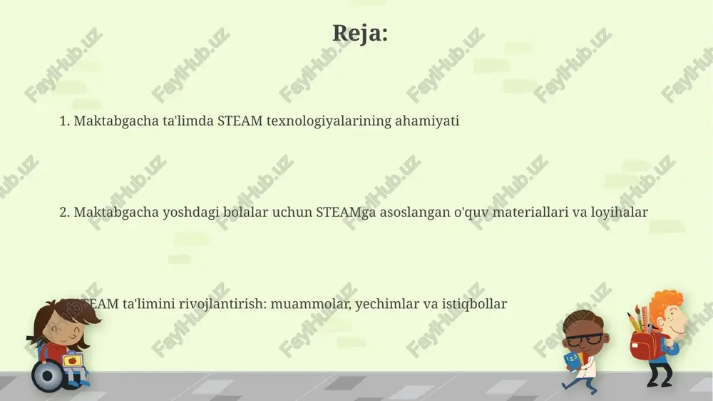 ta'limi bolalarda tanqidiy fikrlashni rivojlantiradi, muammolarni hal qilish qobiliyatini oshiradi va 21-asr ko'nikmalarini shakllantiradi, bu esa kelajakdagi muvaffaqiyat uchun muhim ahamiyatga ega. steam loyihalari orqali bolalar o'zlarining ijodiy qobiliyatlarini namoyon etadilar, innovatsion yechimlarni topishga intilishadi va fan, texnologiya, muhandislik, san'at va matematika sohalarida qiziqish uyg'otadilar. muammolar, yechimlar va kelajak istiqbollari muammo: ko'pgina maktabgacha ta'lim muassasalarida steam materiallari va resurslarining yetishmasligi kuzatilmoqda. yechim: mahalliy bizneslar bilan hamkorlik qilib, resurslarni ko'paytirish, 3d printerlardan foydalanish. istiqbol: steam resurslari bazasining kengayishi. muammo: o'qituvchilarning steam sohasidagi bilim va malakasi yetarli emas. yechim: steam bo'yicha 40 soatlik malaka oshirish kurslarini tashkil etish. istiqbol: steam bo'yicha yetuk mutaxassislar sonining ortishi. e'tiboringiz uchun rahmat image6.jpg image7.jpg image8.jpg image9.jpg image10.jpg image11.jpg image1.png