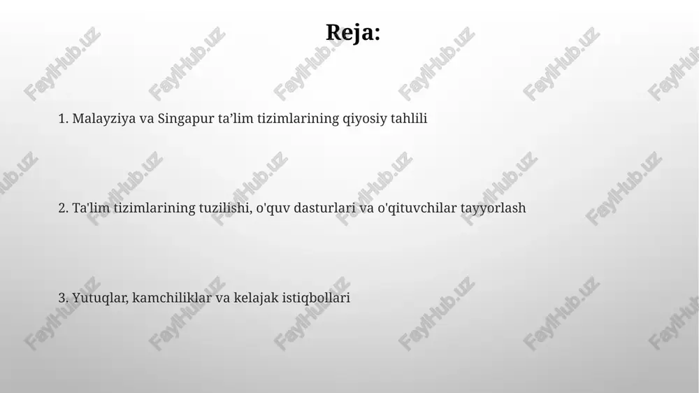ressni oshiradi va ijodkorlik va innovatsiyalarni susaytirishi mumkin. ta'lim siyosati va xalqaro ta'sir malayziya ta’lim siyosati o’rta maktab diplomini olgan talabalarga 12 yillik bepul ta’limni ta’minlashga qaratilgan bo’lib, bu mamlakatning inson kapitalini rivojlantirishga bo’lgan sarmoyasini aks ettiradi. singapurning ta’lim siyosati steam (fan, texnologiya, muhandislik, san’at, matematika) fanlariga katta e’tibor qaratadi, bu ularning 4-sanoat inqilobiga moslashish strategiyasining bir qismi hisoblanadi. e'tiboringiz uchun rahmat image4.png image3.png image5.jpg image6.jpg image7.jpg image8.jpg image9.jpg image1.png