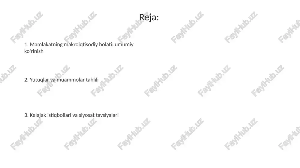 hisoblanadi, bu iqtisodiy o'sishni sekinlashtirishi va kelajak avlodlarga yuk bo'lishi mumkin. qarzni boshqarish strategiyalari qarzni qayta moliyalash, muddatini uzaytirish, foiz stavkalarini kamaytirish va byudjet taqchilligini qisqartirishni o'z ichiga oladi. savdo balansi: eksport va import tahlili o'zbekistonning savdo balansi 2023-yilda $5 milliard dollarlik defitsitni ko'rsatdi, asosan, import hajmining 25% ga oshishi sababli, eksport esa atigi 15% ga o'sdi. energiya importi 30% ga oshishi va sanoat xomashyosiga bo'lgan talab ortishi savdo balansiga salbiy ta'sir ko'rsatdi, bu esa importning eksportdan yuqori bo'lishiga olib keldi. milliy valyuta kursi: barqarorlik va tebranishlar valyuta kursining tebranishi tashqi savdo balansidagi defitsit, masalan, 2023-yilda import hajmining 15 foizga oshishi natijasida kelib chiqqan bo'lishi mumkin, bu milliy valyutaga bosim o'tkazadi. milliy valyuta kursi barqarorligi, markaziy bankning valyuta intervensiyalari orqali ta'minlanadi, bunda valyuta zaxiralari 5 milliard dollardan oshganda, kursi keskin tebranishlar oldi olinadi. investitsiyalar: oqimlar, manbalar va samaradorlik investitsiya oqimlari asosan xorijiy investitsiyalardan (to'g'ridan-to'g'ri investitsiyalar 40% gacha) va ichki investitsiyalardan …