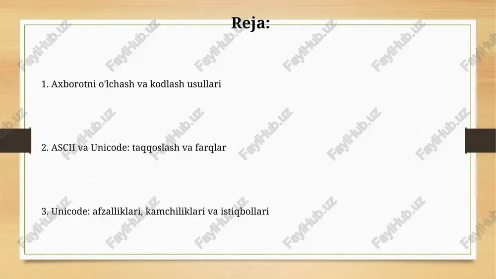 it (128 ta) belgilarni kodlaydi, asosan ingliz alifbosi uchun, unicode esa 1,1 milliondan ortiq belgilarni kodlaydi, global tillarni qo'llab-quvvatlaydi. ascii har bir belgi uchun 1 bayt (aslida 7 bit) ishlatadi, unicode utf-8 da 1-4 bayt, utf-16 da 2 yoki 4 bayt, utf-32 da esa 4 bayt ishlatishi mumkin. unicode standartlari va versiyalari unicode standarti 1.0 versiyasi 1991-yilda yaratilgan boʻlib, 65,536 ta belgini kodlashni taʼminlagan. keyingi versiyalarda belgilar soni sezilarli darajada oshirilib, xalqaro yozuv tizimlarining aksariyati qamrab olingan. unicode konsortsiumi tomonidan muntazam ravishda yangi unicode standartlari chiqariladi. misol uchun, unicode 15.0 versiyasi 2022-yilda taqdim etilgan boʻlib, minglab yangi belgilar va emoji qoʻshilgan. unicode afzalliklari unicode 1,114,112 ta kod nuqtasini qo'llab-quvvatlaydi, bu esa deyarli barcha yozuv tizimlaridagi belgilarni, shu jumladan tarixiy va maxsus belgilarni ifodalash imkonini beradi, ascii esa faqat 128 ta belgini qo'llab-quvvatlaydi. unicode turli tillar va yozuv tizimlari matnlari bir xujjatda birga bo'lishiga imkon beradi. bu ko'p tilli veb-saytlar va …