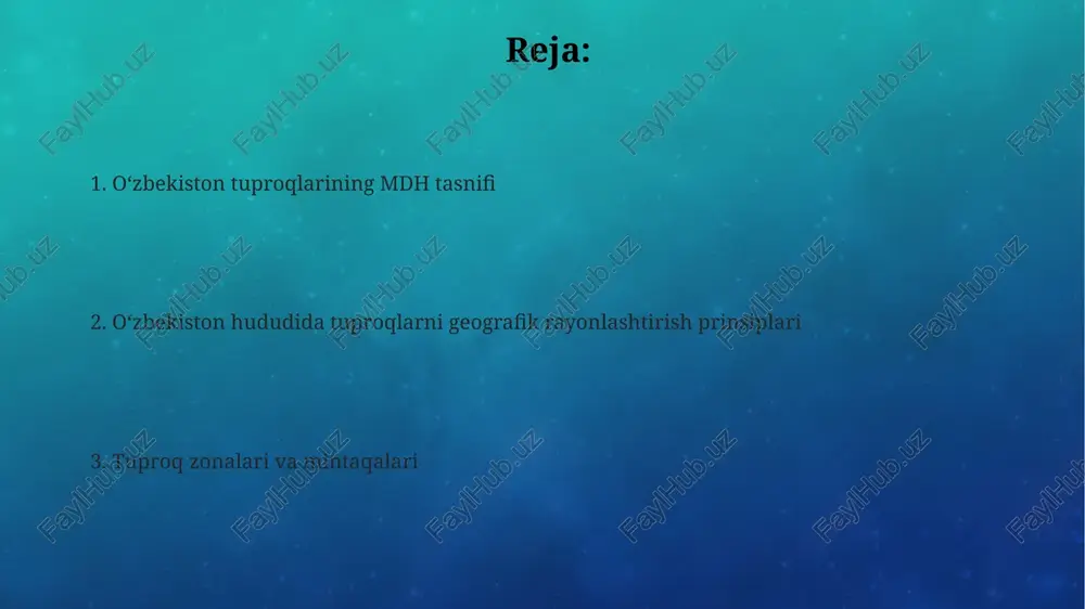 rejimi, yog'ingarchilik miqdori va relyefning o'zgarishi hisobga olinadi, natijada tuproq tarkibida 10 dan ortiq turli xil o'zgarishlar kuzatiladi. e'tiboringiz uchun rahmat @taqdimot_robot image3.png