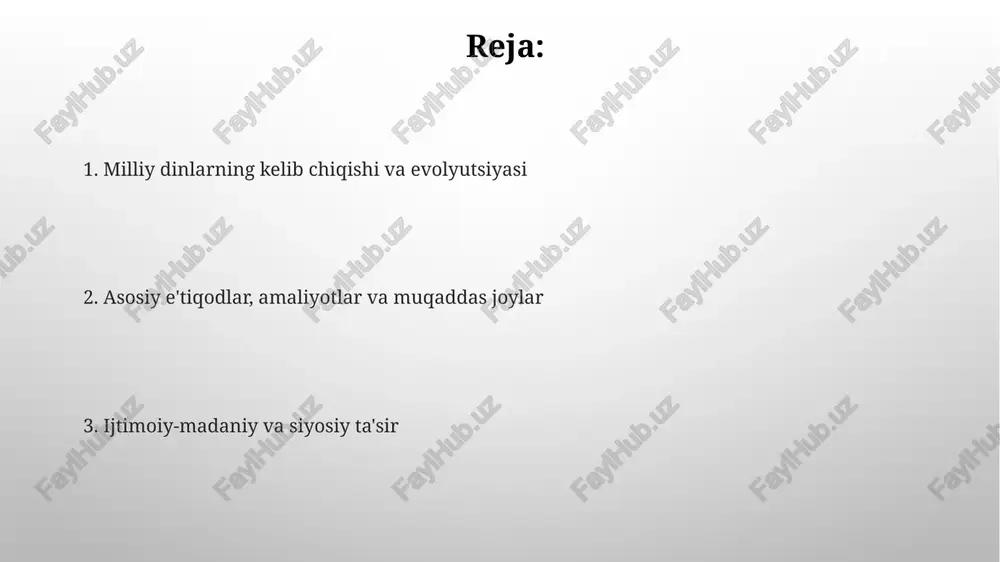 rahm-shafqat va mehribonlikni ta'kidlaydigan 10 ta asosiy axloqiy tamoyilga ega, bu jamiyat ichida va tashqarisida adolatli munosabatlarni qo'llab-quvvatlashga qaratilgan. ba'zi milliy dinlarda konservativlar, modernistiklar va karizmatiklar kabi turli yo'nalishlar mavjud bo'lib, ular matnlarni talqin qilish va 5 ta asosiy rasm-rusumlarni bajarishda farqlanadi. demografiya, geografik tarqalish va zamonaviy muammolar milliy dinlarning demografiyasi ko'pincha etnik guruhlar bilan chambarchas bog'liq bo'lib, migratsiya va nasroniylik kabi boshqa dinlarga o'tish tufayli tarqalish va qisqarish kuzatilishi mumkin. geografik tarqalishi ko'pincha milliy dinlarning o'z tarixiy vatani bilan cheklanganligi bilan tavsiflanadi, global dinlardan farqli ravishda, mamlakat chegaralaridan tashqarida keng tarqalgan. milliy dinlarning istiqbollari milliy dinlar globalizmning kuchayishi sharoitida o'ziga xosligini saqlab qolish uchun 21-asrda yangi texnologiyalardan foydalanish va moslashish orqali rivojlanishi kutilmoqda. kelajakda milliy dinlar ekologiya va ijtimoiy adolat kabi dolzarb masalalarni hal qilishda faol rol o'ynashi, bu orqali 2030-yilgacha barqaror rivojlanish maqsadlariga erishishga hissa qo'shishi mumkin. e'tiboringiz uchun rahmat image4.png image3.png image5.jpg image6.jpg image7.jpg image8.jpg image9.jpg image10.jpg …
