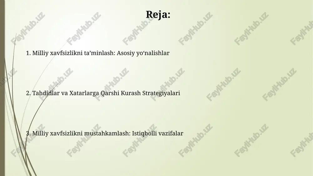 asini, 2030-yilgacha qayta tiklanadigan energiya manbalarining umumiy energiyadagi ulushini 25%ga yetkazishni nazarda tutadi. axborot xavfsizligi va favqulodda vaziyatlarga tayyorgarlik axborot xavfsizligi milliy axborot infratuzilmasini himoya qilishni o'z ichiga oladi, bu esa 2025 yilgacha davlat resurslarining raqamlashtirish darajasini 85% ga yetkazishni maqsad qilgan. favqulodda vaziyatlarga tayyorgarlikda seysmik xavfni kamaytirish bo'yicha 10 yillik strategiya mavjud bo'lib, unda 500 dan ortiq aholi punktlarida xavfsizlikni oshirish ko'zda tutilgan. xalqaro hamkorlik va razvedka faoliyati xalqaro hamkorlik razvedka sohasida, 5 dan ortiq davlat bilan texnik ma'lumot almashishni o'z ichiga oladi, bu milliy xavfsizlikka qarshi tahdidlarni aniqlashga yordam beradi. razvedka faoliyati 2024-yilda kamida 3 ta transmilliy jinoyatchilik guruhiga qarshi operatsiyalarni muvofiqlashtirish uchun xalqaro sheriklikni mustahkamlashga qaratilgan. milliy manfaatlar himoyasi va barqaror rivojlanish milliy manfaatlarni himoya qilishda 2030 yilgacha bo'lgan barqaror rivojlanish maqsadlariga erishish muhim, bunda iqtisodiy o'sish, ijtimoiy adolat va ekologik muvozanat ta'minlanadi. barqaror rivojlanish milliy xavfsizlikning asosi bo'lib, uzoq muddatli istiqbolda resurslarning yetarli bo'lishini, 17 ta …