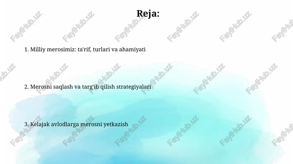 rni restavratsiya qilish hamda ularning holatini yaxshilash muhim. ommaviy axborot vositalarida (tv, radio, internet) 'milliy merosimiz' nomli 24/7 ko'rsatuvlar tashkil etish orqali aholini xabardorlik darajasini oshirish lozim. turizm va ta'lim orqali merosni ommalashtirish turizm orqali milliy merosni ommalashtirish, masalan, har yili 2 million sayyohni jalb qiluvchi samarqanddagi registon maydoni, tarixiy obidalarni bevosita ko'rish imkonini beradi. ta'lim orqali merosni o'rgatish, maktablarda 10 yoshdan boshlab “milliy meros saboqlari” kabi maxsus kurslarni joriy etish, yosh avlodning madaniy ongini shakllantiradi. merosni kelajak avlodlarga yetkazish: hukumat siyosati va xalqaro hamkorlik hukumat siyosati milliy merosni saqlash uchun 2021-2025 yillarga mo'ljallangan davlat dasturlarini qabul qilib, uni o'rganish va targ'ib qilish uchun 10 milliard so'm ajratadi. xalqaro hamkorlik doirasida unesco bilan 5 ta qo'shma loyiha amalga oshiriladi, bu esa milliy meros ob'ektlarini jahon merosi ro'yxatiga kiritish imkoniyatini oshiradi. e'tiboringiz uchun rahmat image2.png image3.jpg image4.jpg image5.jpg image6.jpg image7.jpg image8.jpg image9.jpg image1.png