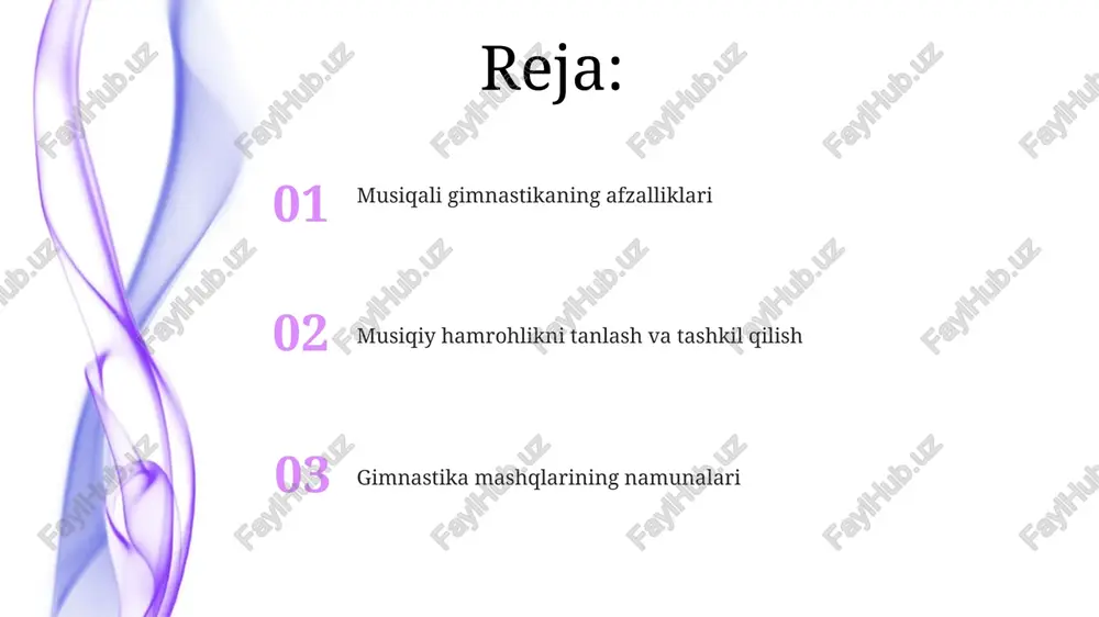 tishda 5-7 daqiqalik kirish qismi, 10-15 daqiqalik asosiy qism va 2-3 daqiqalik yakuniy qismdan iborat tuzilma tavsiya etiladi. musiqiy hamrohlikni rejalashtirish musiqiy hamrohlik uchun 120-140 bpm tempdagi quvnoq va ritmik qo'shiqlarni tanlang, mashqlarning intensivligiga mos keladigan tempga e'tibor bering. har bir mashq uchun 30-60 soniyalik musiqa parchalarini tanlang, harakatlar ketma-ketligiga mos keladigan turli xil janrlarni o'z ichiga oling va zerikishni oldini oling. xavfsizlik qoidalari gimnastika xonasida 1,5 metr masofada bolalar orasidagi xavfsizlik zonasi ta'minlanishi, inventar va jihozlar mustahkam o'rnatilishi kerak, jarohatlardan saqlanish muhim. mashqlarni bajarishda 5 yoshgacha bo'lgan bolalar uchun murabbiy nazorati ostida bo'lishi, ularning harakatlari to'g'ri va xavfsiz bo'lishini ta'minlash lozim. kutilayotgan natijalar musiqiy gimnastika orqali bolalarda ritm hissi, musiqaga mos harakat qilish qobiliyati rivojlanadi va estetik didi shakllanadi, 80% natijaga erishiladi. bolalarda 5-7 yoshda jismoniy tayyorgarlik darajasi yaxshilanadi, bu ularning harakat qobiliyatini rivojlantiradi va sog'lig'ini mustahkamlaydi. xulosa musiqiy jo‘rlikdagi ertalabki gimnastika mashg‘ulotlari bolalarning 70-80 foizida kayfiyatni yaxshilaydi va …