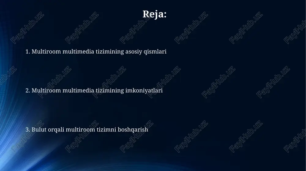 ali boshqaruv multimedia tizimlarga 24/7 real vaqt rejimida kirish imkonini beradi, bu esa foydalanuvchilarga dunyoning istalgan nuqtasidan audio va video oqimini nazorat qilishga imkon beradi. avtomatlashtirish skriptlari bulutda saqlanishi mumkin, bu esa tizim konfiguratsiyasini osonlashtiradi va sozlashlarni bir nechta xonalarga bir vaqtning o'zida qo'llash imkonini beradi, bu 10 dan ortiq xonalarda juda foydali. ko'p xonali multimedia tizimining imkoniyatlari va afzalliklari ko'p xonali tizimlar audio va video oqimini har bir xonada mustaqil boshqarish imkonini beradi, shuningdek, bir nechta qurilmalardan 24bit/192khz gacha yuqori aniqlikdagi audio fayllarni sinxron ravishda ijro etadi. bulutga asoslangan boshqaruv tizimi foydalanuvchilarga smartfon, planshet yoki kompyuter orqali musiqa, filmlar va boshqa multimedia kontentini masofadan turib, har qanday joydan 7/24 boshqarishga imkon beradi. e'tiboringiz uchun rahmat image5.jpg image6.jpg image7.jpg image8.jpg image9.jpg image10.jpg image1.jpeg