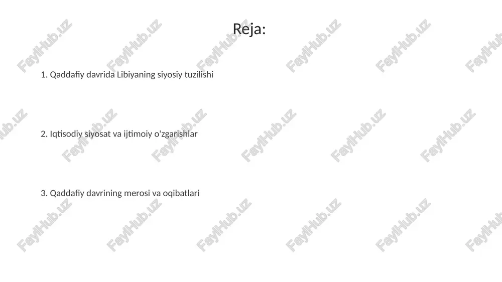 ika ittifoqiga katta sarmoya kiritib, qit'a integratsiyasini qo'llab-quvvatladi, bu esa 2009-yilda uning raisi bo'lishiga olib keldi va siyosiy ta'sirini oshirdi. 1980-yillarda aqsh bilan munosabatlar keskinlashdi, natijada 1986-yilda liviyaga qarshi havo hujumi uyushtirildi, buning sababi liviyaning terrorizmda ishtirok etganlikda ayblanishi edi. pan-arabizm va afrika birligi gaddafiy pan-arabizm doirasida 1972-yilda misr va suriya bilan arab respublikalari federatsiyasini tuzdi, ammo bu birlik 1977-yilga kelib tarqaldi. afrika birligi uchun gaddafiy 1999-yilda afrika ittifoqini (ai) tashkil etishga katta hissa qo'shdi va uning moliyaviy ta'minotida muhim rol o'ynadi. libiya va terrorizm liviya lockerbie portlashi (1988) uchun javobgarlikni o'z zimmasiga oldi va 2,7 milliard aqsh dollari tovon to'ladi, bu har bir qurbon uchun taxminan 10 million dollar edi. 1980-yillarda qaddafiy hukumati irlandiya respublikachilar armiyasiga (ira) qurol va moliyaviy yordam koʻrsatgan, bu buyuk britaniyadagi terror xurujlarini kuchaytirgan. inson huquqlari va erkinliklar qaddafiy davrida siyosiy muxolifat keskin bostirildi, 1973-yilgi 7-aprel deklaratsiyasi kabi qonunlar orqali fikr erkinligi jiddiy cheklandi va …