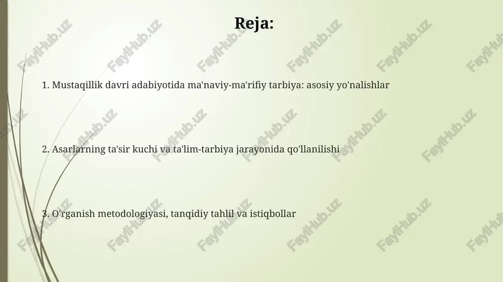 milliy g'ururni shakllantirishga xizmat qiladi. demokratik jamiyat qurish, inson huquqlari, adolat kabi universal g'oyalar ilgari surilgan, ayniqsa, 1991-yildan keyingi adabiyotda bu tendensiya yaqqol ko'zga tashlanadi. qahramonlar obrazi va ularning tarbiyaviy ahamiyati mustaqillik davri qahramonlari, ko'pincha, 1990-yillarda shakllangan, milliy g'urur va vatanparvarlik tuyg'usini namoyon etuvchi shaxslardir, ularning ibrati yosh avlod uchun muhim. asarlardagi ijobiy obrazlar, 2-jahon urushi qahramonlari kabi, sadoqat va matonatni aks ettirib, yoshlarga 3 asosiy fazilatni: vatanparvarlik, mehnatsevarlik, ma'naviyatni singdirishga xizmat qiladi. salbiy qahramonlar obrazi, 4 illat - korrupsiya, ma'naviy qashshoqlik, milliy qadriyatlarga bepisandlik va o'z manfaatini ko'zlash kabi illatlarni fosh etish orqali tarbiyaviy ahamiyat kasb etadi. badiiy vositalar orqali ma'naviy ta'sir kuchaytirish mubolag'a va litotaning qo'llanilishi ma'naviy qadriyatlarni kuchaytiradi. ijodkorlar ideal qahramonlar yaratishda 2 xil badiiy usuldan foydalanib, ularning fazilatlarini bo'rttirib ko'rsatadilar. badiiy detallar orqali ma'naviy ta'sir oshiriladi: 1-shaxs, 3-shaxs qarashlari, tasvirlashda ranglardan, 4 ta asosiy elementdan (suv, havo, olov, tuproq) foydalanish, qahramonning ichki dunyosini ochib beradi. taqqoslashlar, …