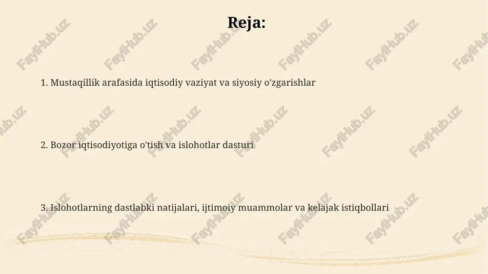 ga o'tkazib, samaradorlik va investitsiyalarni oshirishga qaratilgan edi. xususiylashtirish va narxlarni liberallashtirish xususiylashtirishning birinchi bosqichi 1992-1994-yillarda amalga oshirilib, kichik korxonalar va savdo ob'ektlarini xususiylashtirishga qaratildi, bu esa raqobatni kuchaytirishga yordam berdi. narxlarni liberallashtirish 1992-yilda boshlandi, davlat narxlarni nazorat qilishdan voz kechdi, bu esa dastlab inflyatsiyaning keskin oshishiga olib keldi, ammo bozor muvozanatini tikladi. o'zbekistonda 1990-yillarning o'rtalarida xususiylashtirish jarayoni davlat mulkini aksiyadorlik jamiyatlariga aylantirish orqali davom ettirildi, keyinchalik aksiyalarning bir qismi xususiy investorlarga sotildi. tashqi savdo va qishloq xo'jaligidagi islohotlar qishloq xo'jaligida yer islohotlari boshlanib, dehqon xo'jaliklariga yer maydonlari uzoq muddatli ijaraga berildi, bu esa xususiy mulkchilikka o'tishning ilk qadami edi. tashqi savdoda davlat monopoliyasini bekor qilish va 1992-yildan boshlab valyuta kursini erkinlashtirish orqali eksport-import operatsiyalarida raqobat muhiti yaratildi. paxta monopoliyasini bosqichma-bosqich kamaytirish va boshqa qishloq xo'jaligi ekinlarini diversifikatsiya qilish orqali qishloq xo'jaligining eksport salohiyati oshirildi. moliya sektorini isloh qilish va investitsiya muhiti investitsiya muhitini yaxshilash uchun qonunchilik bazasi takomillashtirildi, xorijiy …