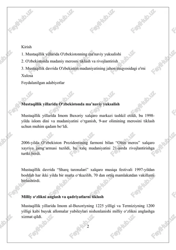 illik yillarida imom buxoriy xalqaro ilmiy-tadqiqot markazi tashkil etildi, u 9 ta yo‘nalishda hadis ilmini chuqur o‘rganish va targ‘ib qilishga qaratilgan. alisher navoiyning 575 yilligi va mirzo ulug‘bekning 625 yilligi yunesko(unesco)da keng nishonlandi, bu ularning jahon madaniyatiga qo‘shgan hissasini tan oldi. “o‘zbekiston madaniy merosi jahon to‘plamlarida” loyihasi doirasida 50 dan ortiq kitob-albomlar nashr etildi, bu ajdodlar merosini keng ommaga yetkazishga xizmat qiladi. ta’lim tizimida ma’naviy-axloqiy tarbiya ta’lim tizimida “milliy istiqlol g’oyasi va ma’naviyat asoslari” fani joriy etildi, bu yosh avlodning milliy o’zligini anglashiga ko’maklashadi, 1992-yildan boshlab. “vatan tuyg’usi” kabi darslar orqali yoshlarga milliy g’urur, vatanga muhabbat, 14 ta asosiy ma’naviy tamoyil singdiriladi, bu esa axloqiy komillikka yetaklaydi. “barkamol avlod” dasturi doirasida 100 dan ortiq bolalar tashkilotlari faoliyat olib bormoqda, ularda ma’naviy-axloqiy tarbiya, san’at va sportga oid tadbirlar o’tkaziladi. ommaviy axborot vositalarining ma’naviy hayotdagi roli ommaviy axborot vositalari 1991-yildan so'ng milliy qadriyatlarni targ'ib qilishda muhim rol o'ynadi, 100 dan ortiq yangi …