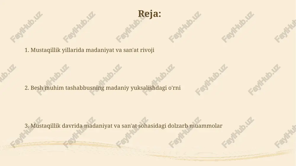 amarqand va shahrisabz kabi 4 ta tarixiy ob'ektlar jahon merosi ro'yxatiga kiritildi, madaniy boyliklar asrab-avaylandi. teatr va musiqaning yuksalishi istiqlol yillarida "sharq taronalari" xalqaro musiqa festivali oʻtkazilib, unda 70 dan ortiq mamlakatdan sanʼatkorlar qatnashdi, milliy musiqamizning dunyo miqyosidagi eʼtiborini oshirdi. oʻzbekiston milliy simfonik orkestri tashkil etilib, 150 dan ortiq konsert dasturlari yaratildi, milliy kompozitorlar ijodini targʻib qiluvchi 20 dan ziyod albom nashr etildi. tasviriy san'at va haykaltaroshlikdagi yangi yo'nalishlar mustaqillik davrida avangard uslublar rivojlandi, 1990-yillarda shakllangan "zamonaviy san'at" harakati yangi ifoda shakllari, materiallar va mavzularni o'rganishga turtki berdi. haykaltaroshlikda monumental realizm tendensiyasi ustuvor boʻlib, 1996-yilda amir temur haykali (i.jabborov) va 2003-yilda alisher navoiy haykali (a.muxtorov) buning yorqin misolidir. adabiyotdagi o'zgarishlar va yangi asarlar mustaqillik davrida abdulla oripovning "o'zbekiston" (2001) va erkin vohidovning "yaxshilik" (2006) kabi asarlari milliy g'ururni, vatan tuyg'usini va insoniylikni ulug'lovchi muhim adabiy hodisalarga aylandi. o‘tkir hoshimovning "tushda kechgan umrlar" (1994) romani va tohir malikning "shaytanat" (1996) asari …